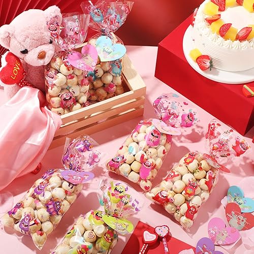 Miniatura 4 de Funrous 180 bolsas de celofán de San Valentín a granel, bolsas de plástico para el día de San Valentín con etiqueta de corazón y lazos para niños,