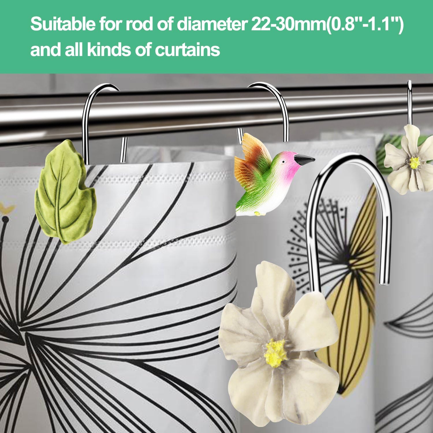 Shower Curtain Hooks, Fitnate 12 PCS Anti-Rust Decorative hummingbird Shower Curtain Hooks for Home, Bathroom, Bedroom, Baby Room, Living Room & More –hummingbird/flowers/leaves : Home & Kitchen