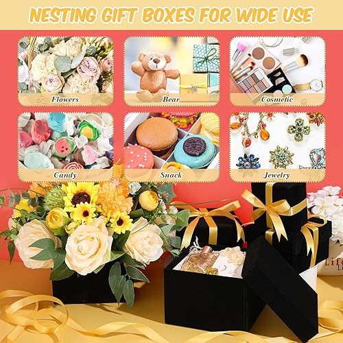 Miniatura 4 de Fulmoon 8 cajas de regalo cuadradas con tapas para regalos, cajas anidables de terciopelo de 4 tamaños, cajas de regalo apilables para graduación,