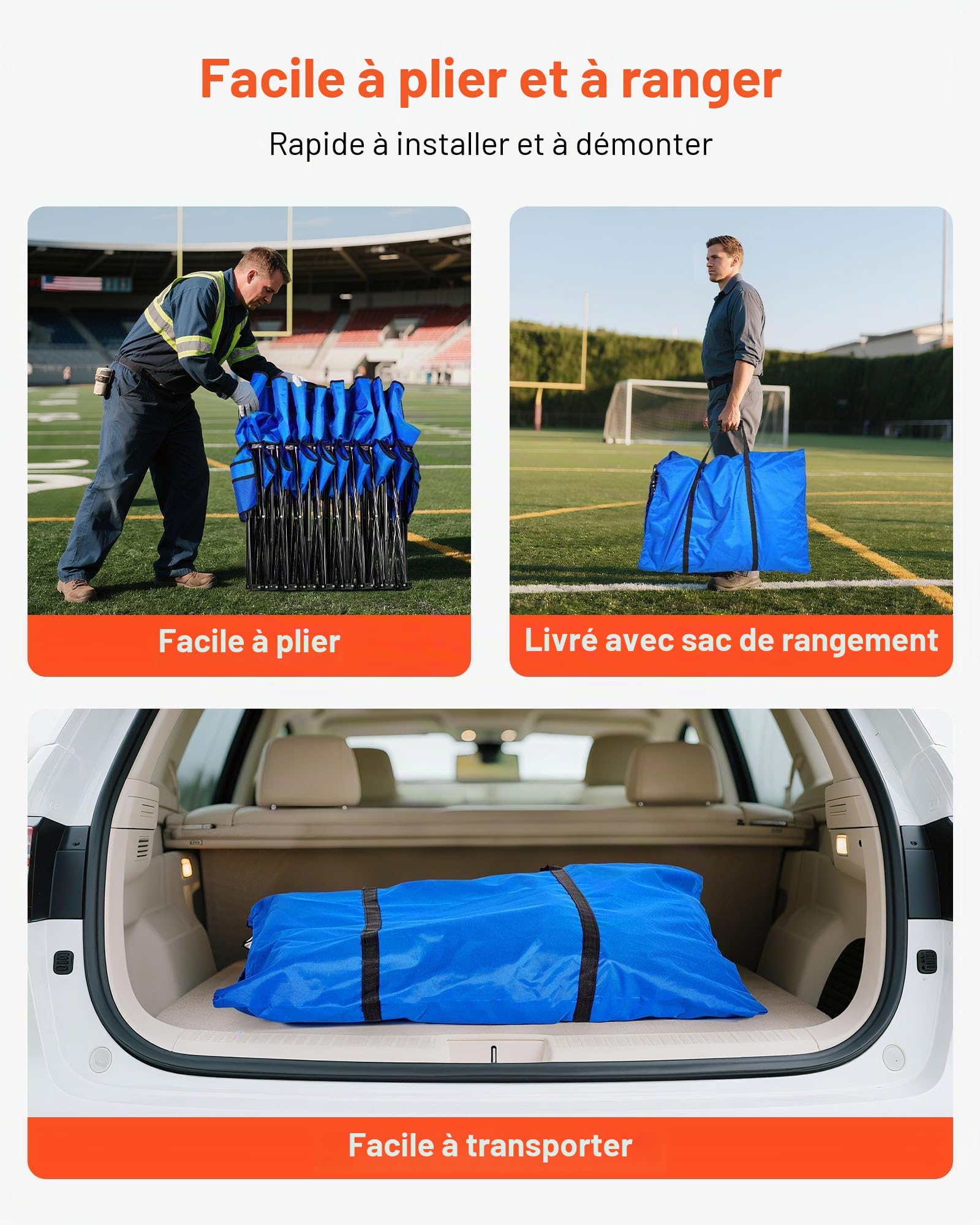 VEVOR Banc Pliant Portable à 8 Places, Banc de Camping Pliable avec Poches de Rangement et Sac de Transport, siège latéral léger avec Dossier pour Football, Baseball et événements en Plein air, Bleu