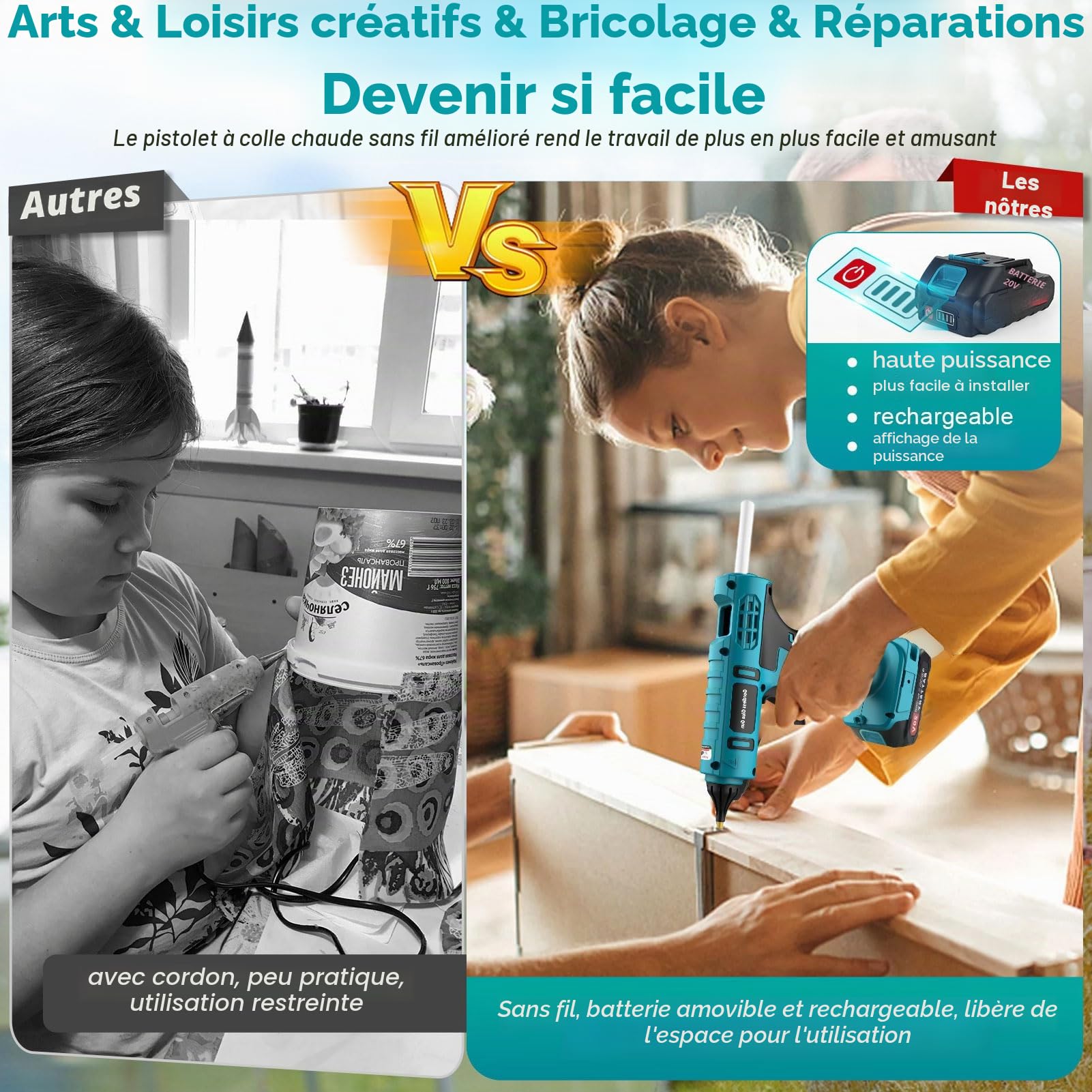 Pistolet à Colle Chaude Sans Fil 100 W Avec Batterie 21 V 2000 mAh et Chargeur, Chauffage Rapide Avec 12 Bâtons de Colle, Pistolet à Colle Chaude pour Bricolage, Artisanat et Réparations Rapides