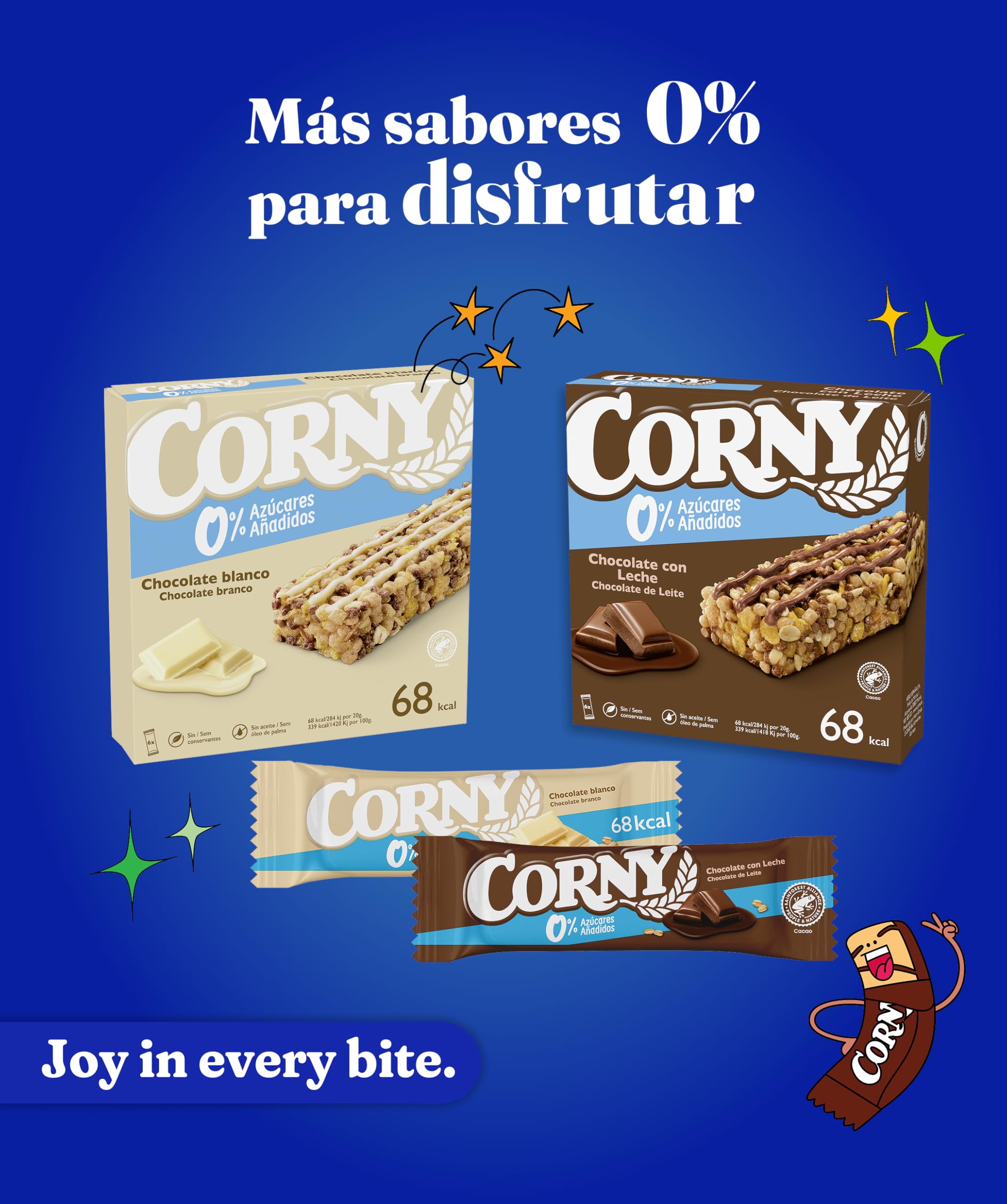Corny, Pack 24 unidades x 20g, Barrita Sin Azúcares Añadidos Sabor Chocolate 0%, Fuente de Energía y Fibra, Textura Crujiente