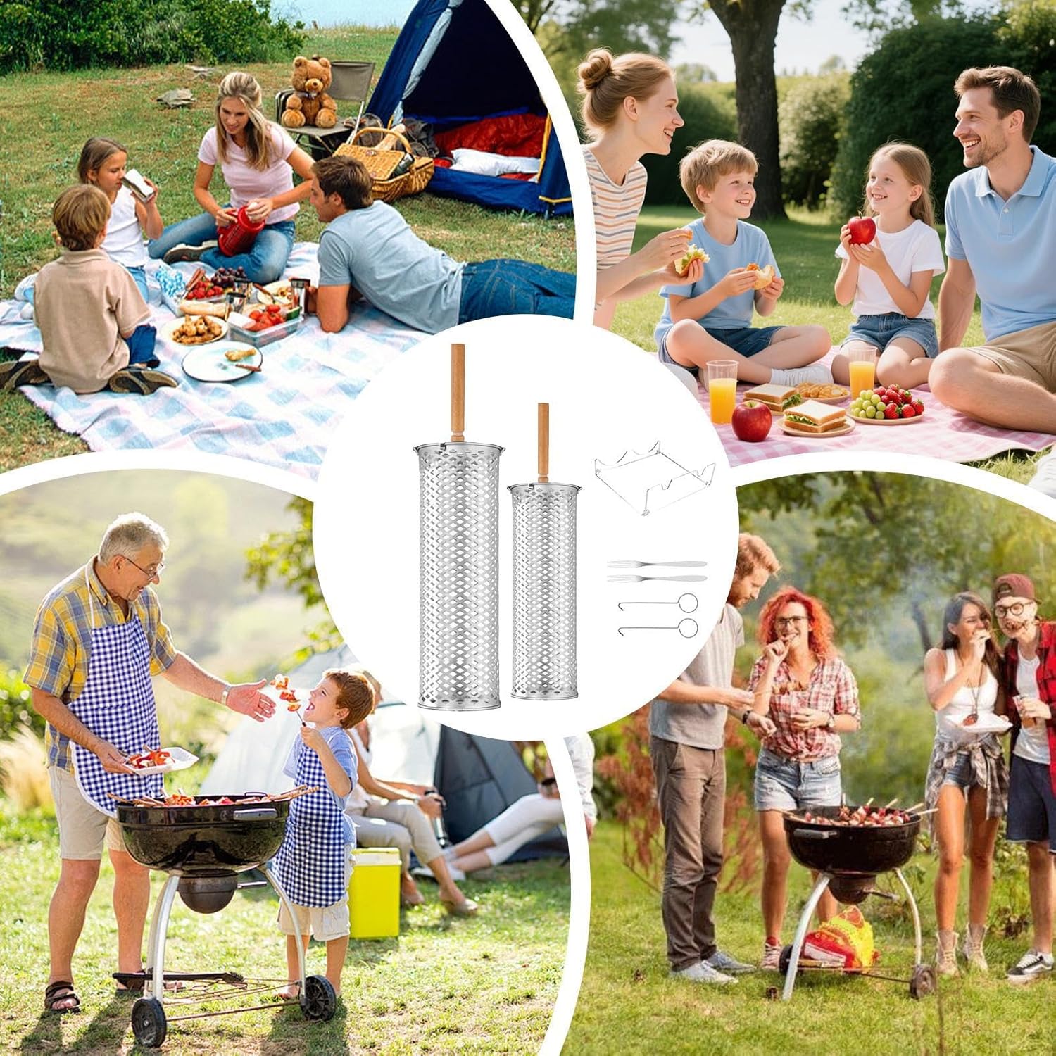 Rotating Grill Basket,Wooden Handle Stainless Steel Rotating Portable Grill Net | Vegetable Shrimp Grilling Basket | for Men Dad Grandpa Husband Son Family