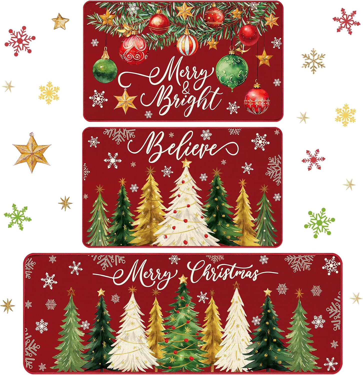 3 Pcs Christmas Kitchen Rug and Mat Set Washable Red Xmas Tree Kitchen Floor Mats Waterproof Non Slip Farmhouse Merry Christmas Doormat Holiday Xmas Decor for Home Office Bathroom Party Decor Red Christmas Tree