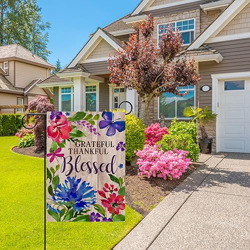 Miniatura 5 de Hzppyz Grateful Thankful Blessed - Bandera de jardín de Acción de Gracias, pequeña bandera decorativa para exteriores, arpillera rústica, bandera de