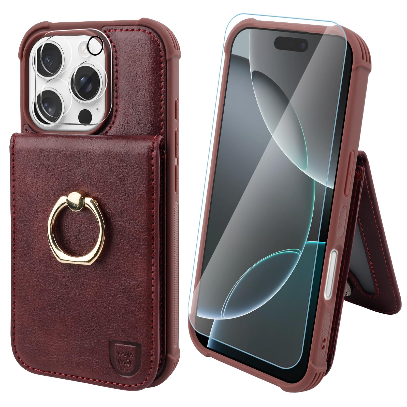 VANAVAGY Compatible for iPhone 16 Pro Max Wallet Case with Credit Card Holder and Coin Pocket[360° Rotation Ring Kickstand...