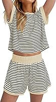 MISSACTIVER Women's Striped 2-Piece Lounge Set: Soft Knit Short Sleeve Tee & Pocket Shorts Summer Loungewear