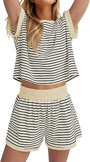 MISSACTIVER Women's Striped 2-Piece Lounge Set: Soft Knit Short Sleeve Tee & Pocket Shorts Summer Loungewear