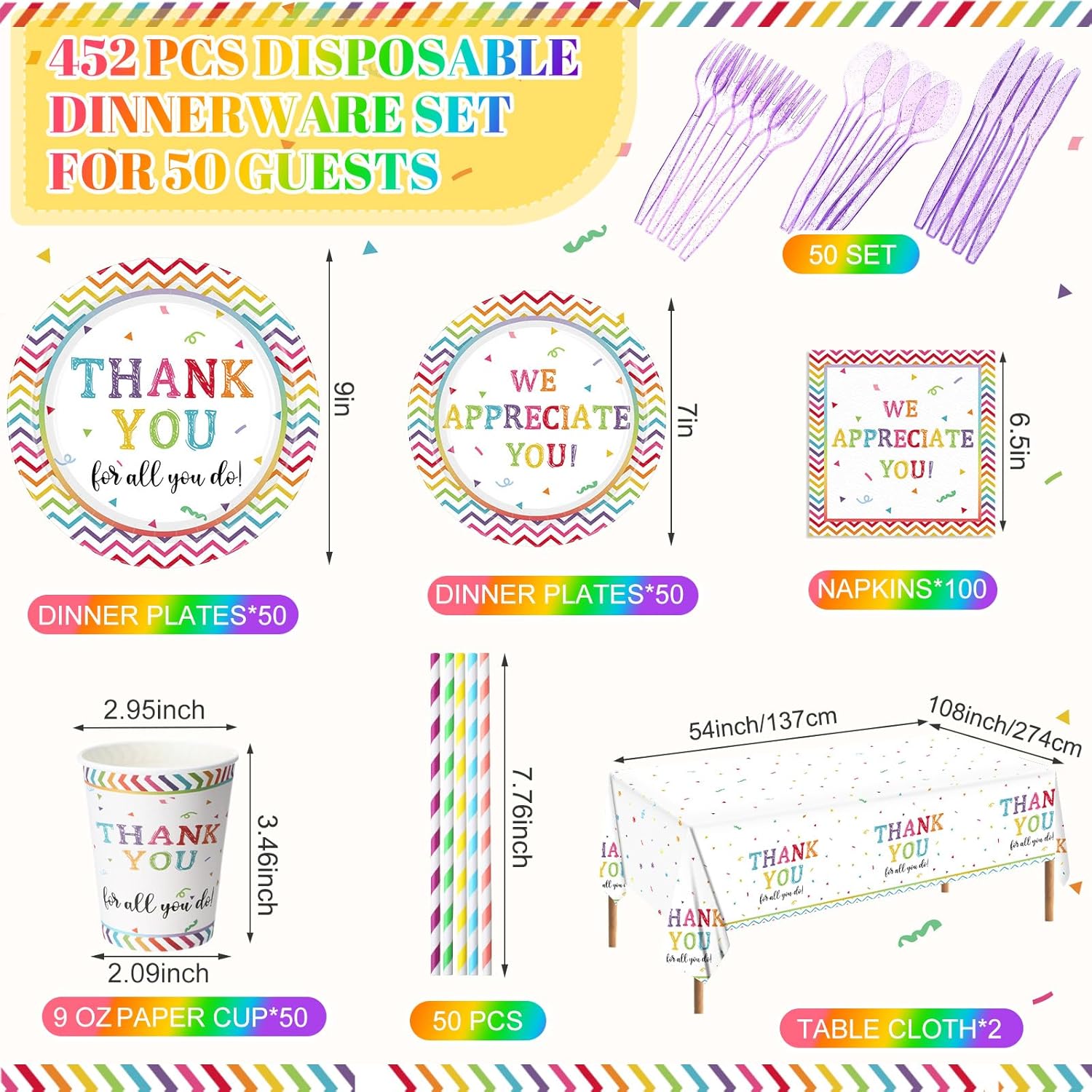 Funnymoom 452 Pcs Thank You Party Decorations for 50, We Appreciate You Paper Plates Napkins Cups Tablecloth Cutlery Straws for Employee Staff Housekeeping Week Pastor Appreciation Party Supplies