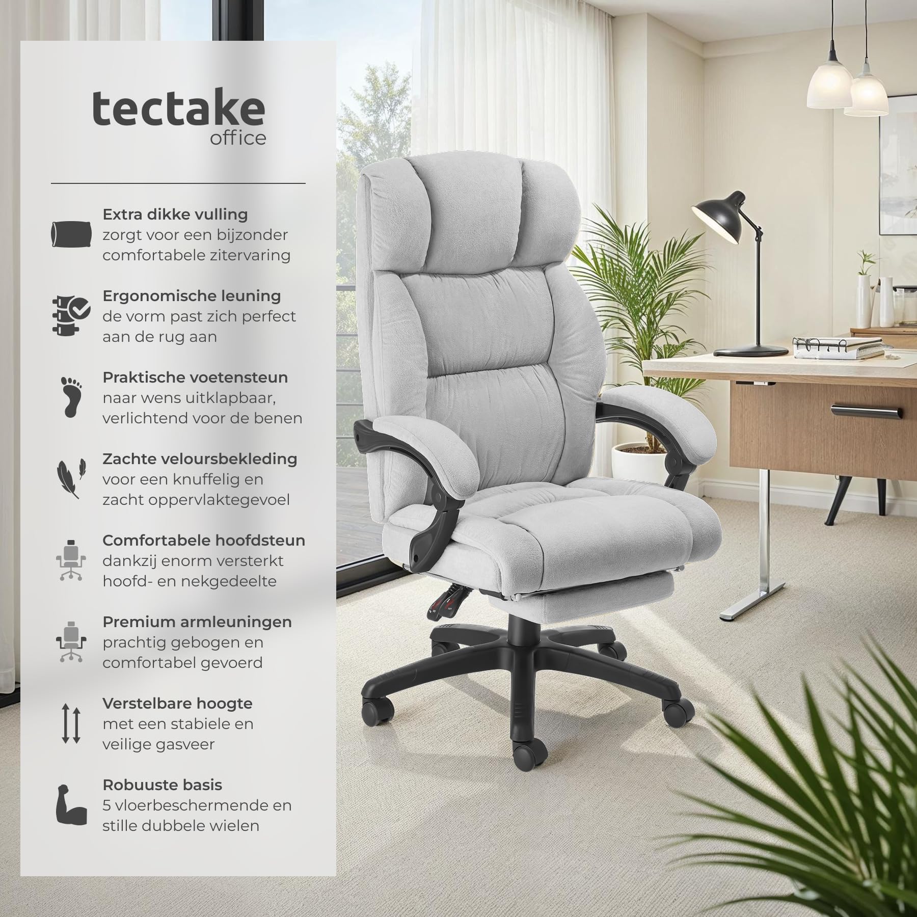 tectake® Luxe Bureaustoel, Ergonomische Directiestoel met Uitklapbare