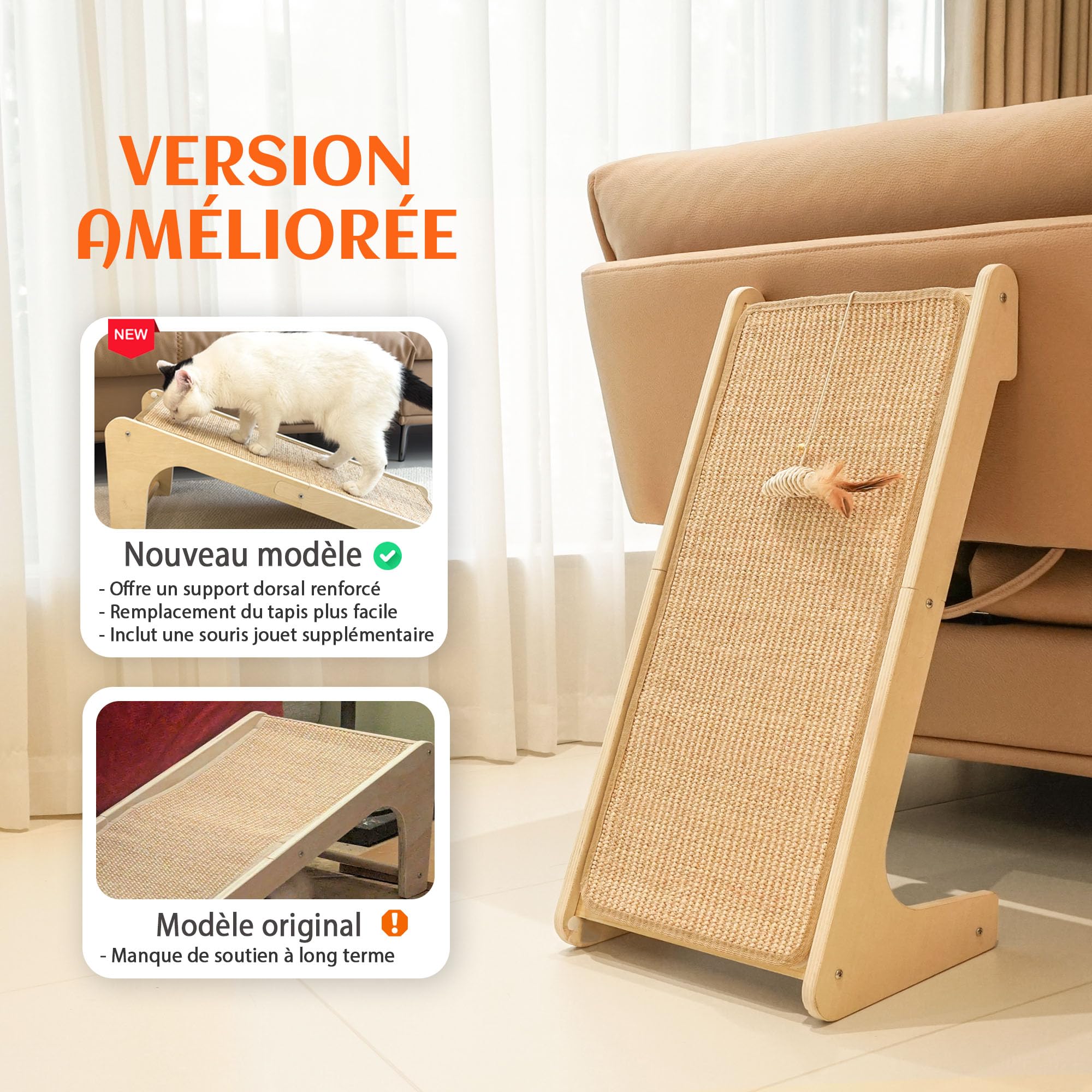 PETKARAY Griffoir Double Usage pour Chat, Colonne à Griffer en Sisal en Forme de L de 68 cm de Hauteur, Tapis à Griffer pour Chats, Griffoir pour Mur et Angle (avec Herbe à Chat et Jouet Souris)