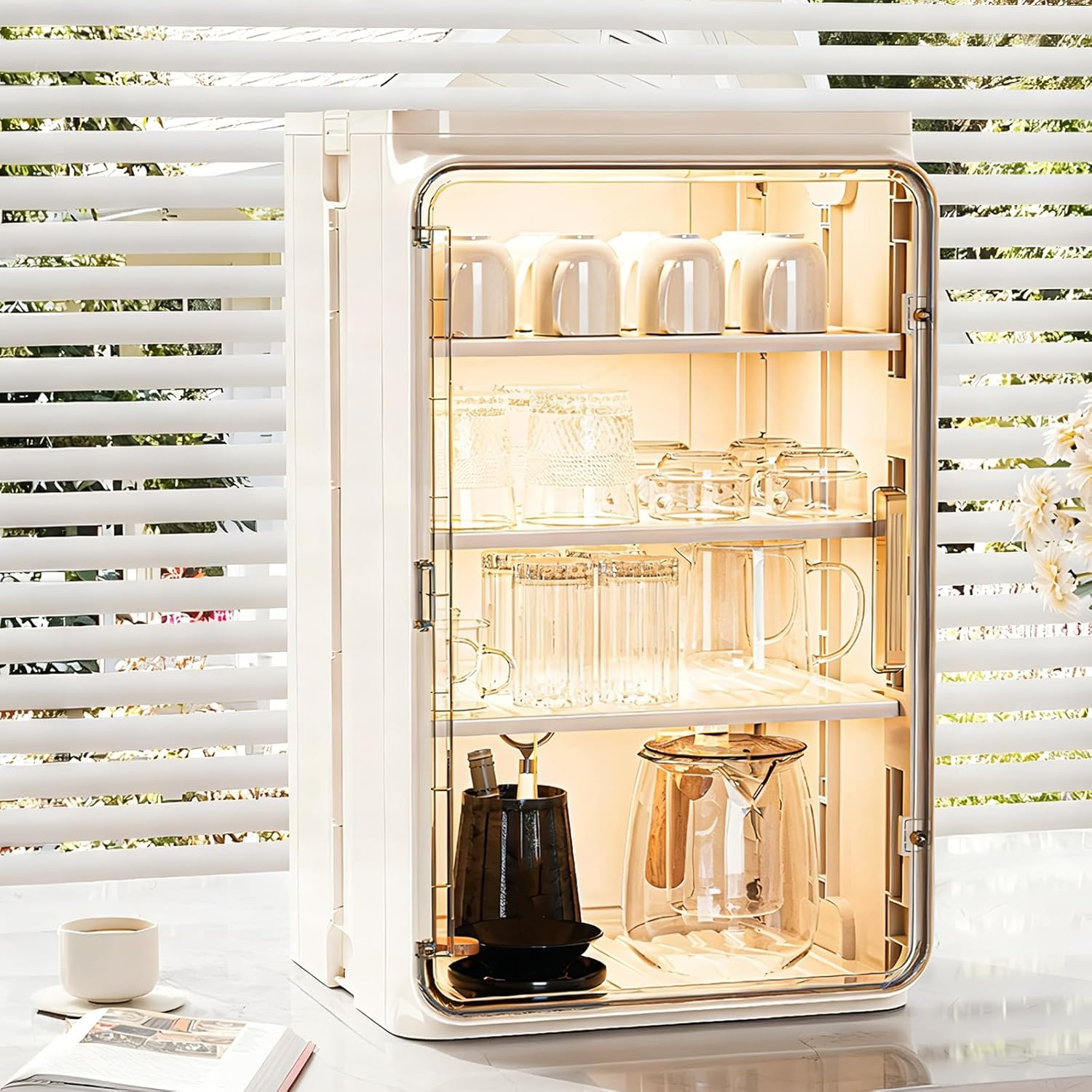 Cup and Mug Storage Containers, Stackable Plastic Multilayer Cup Storage Box, Desktop Tea Set Display Rack with Doors and Shelves for Bathroom Kitchen Home Use-Large white