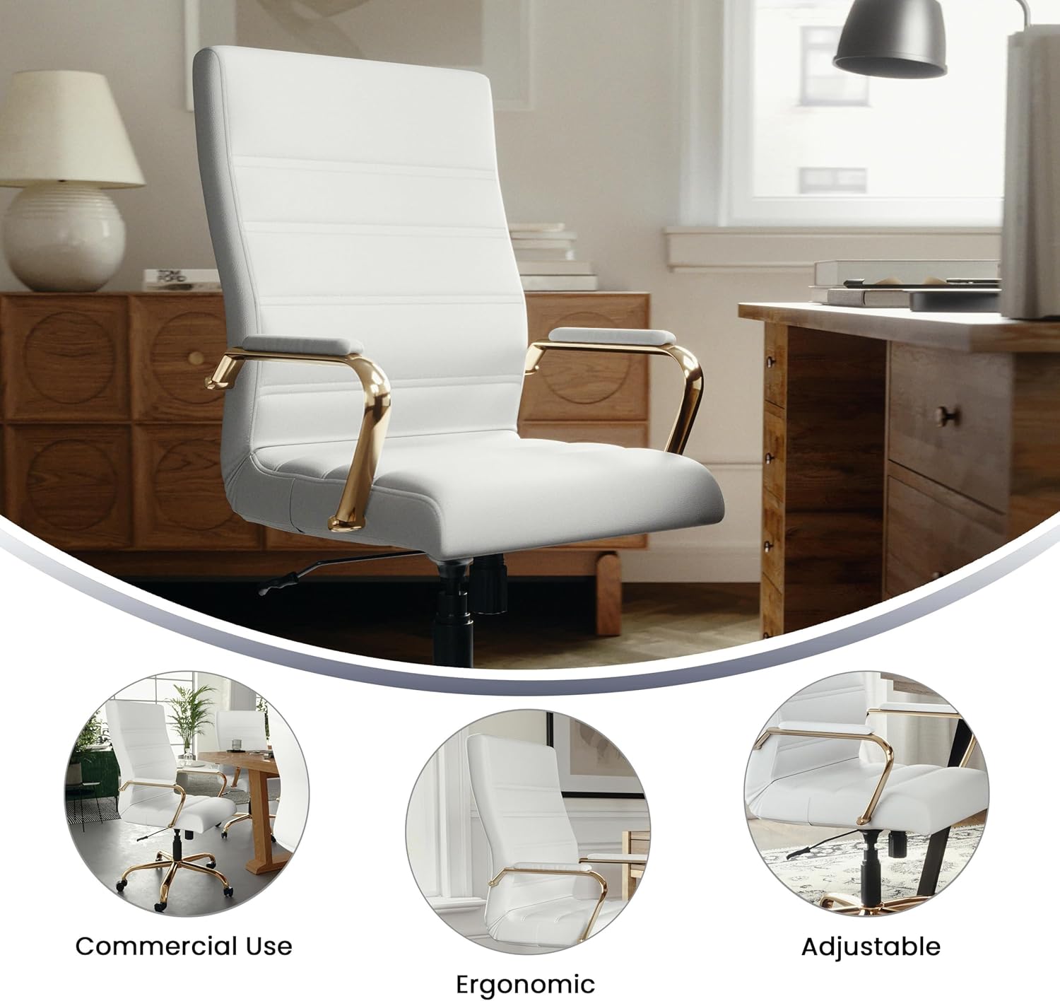 Flash Furniture Whitney Mid-Back Swivel LeatherSoft Desk Chair with Padded Seat and Armrests, Adjustable Height Padded Office Chair, 27"D x 26"W x 43"H, White/Gold