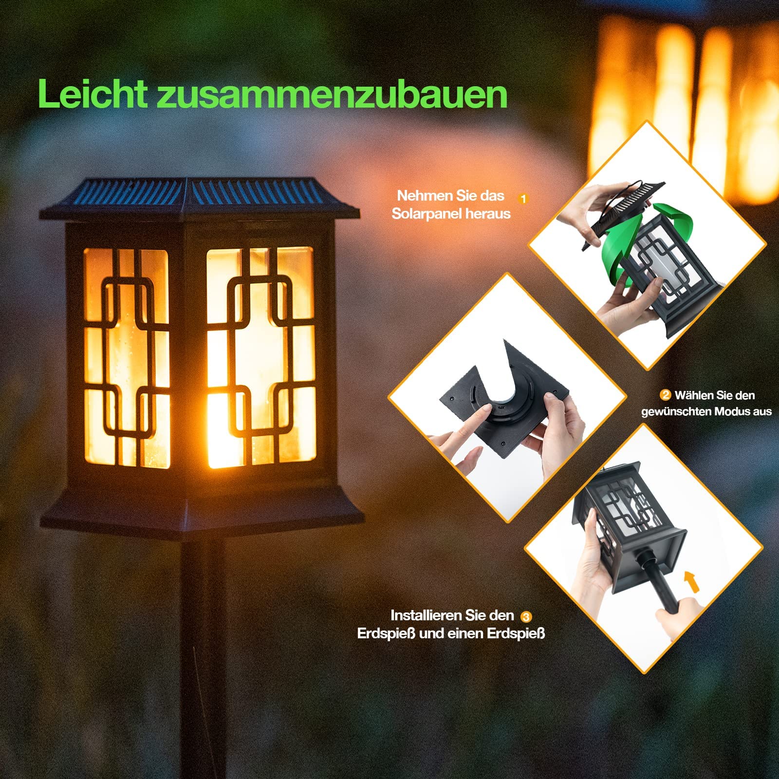 Solar Laterne für Draußen Gross LED Solarlampen With Two Working Modes Flackernde Flammen-Effekt/Warmes Licht IP65 Windlicht Outdoor,Solarleuchten für Deko (2Paket)