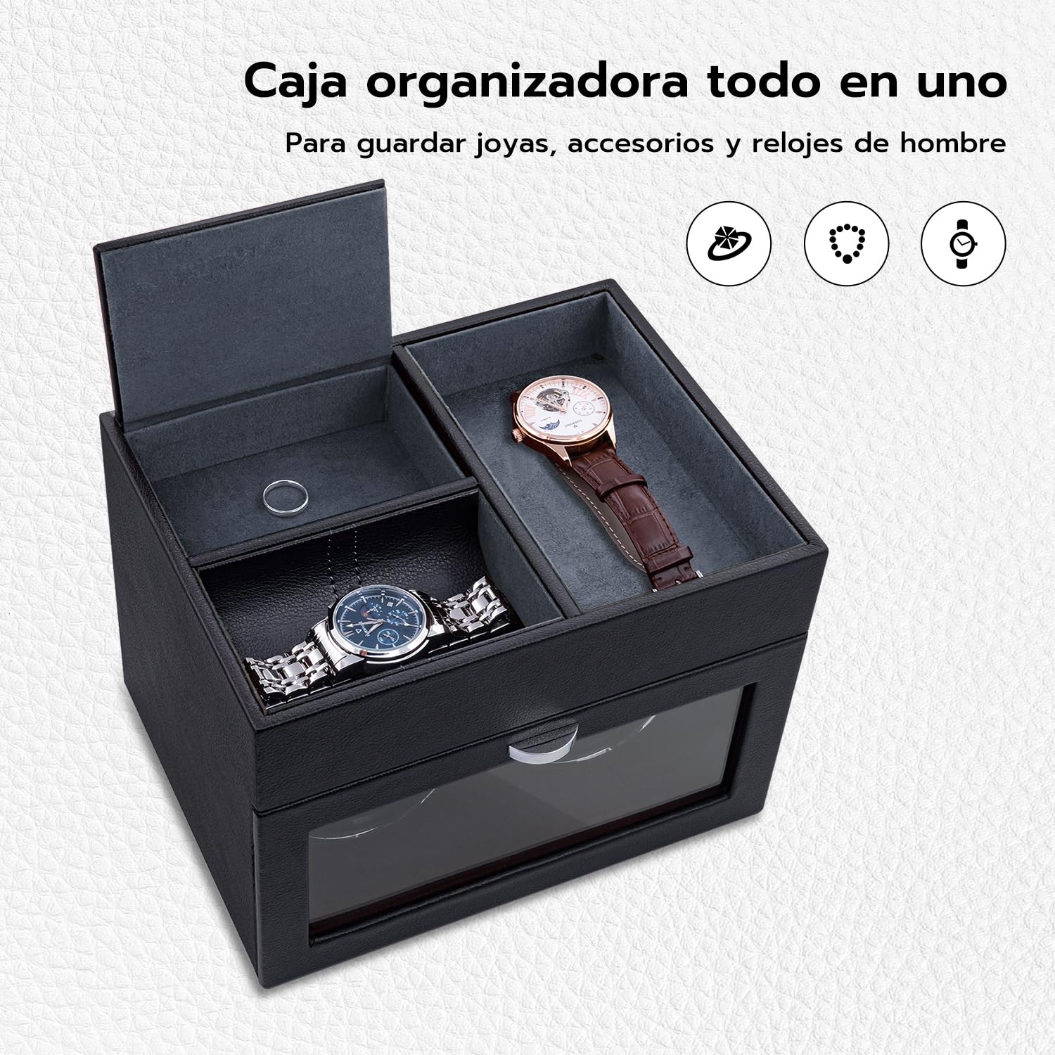 Mcbazel Abridor Automático de Relojes Multifuncional para 2 Relojes, con Pantalla LED de Exhibición y Caja de Almacenamiento de Joyería con Motor Silencioso de 1 Modo de Rotación Negro/gery