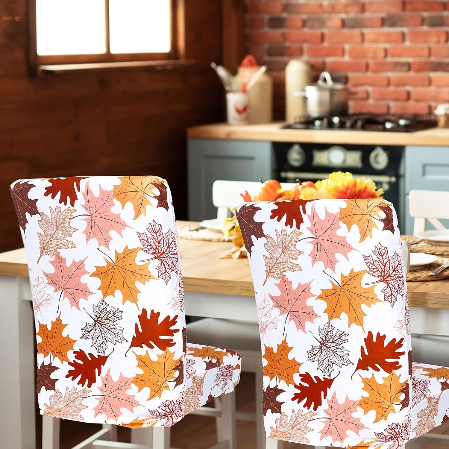 JarThenaAMCS 6Pcs Fall Leaves Chair Covers Colorful Maple Leaves Removable Stretch Elastic Dining Chair Slipcover Protector for Autumn Thanksgiving Home Kitchen Wedding Party Decor
