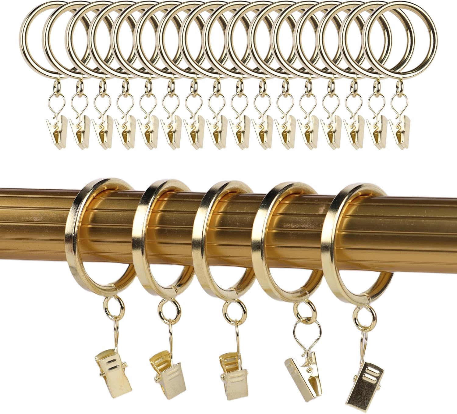 1.25 Clip Curtain Rings 38 Pack Antique Gold - Fits Narrow 1.25” Rods, Rust-Resistant Iron, Decorative for Small Windows/Apartments