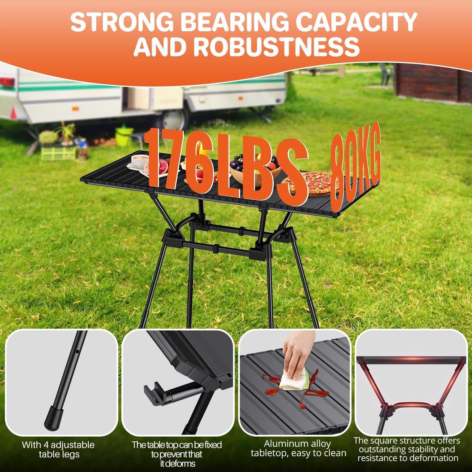 FUNYKICH Table de camping enroulable en aluminium de 0,9 m (L x l x L), 4 hauteurs réglables, ultra légère et pliable avec sac de transport pour camping, pique-nique, barbecue, fête, jardin, plage