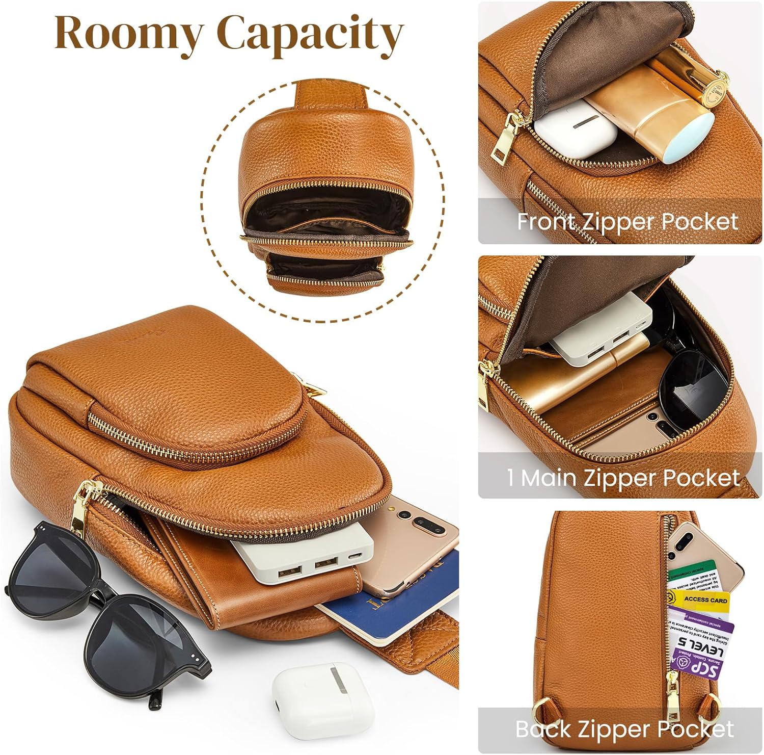 S-ZONE Leather Sling Bag for Women Men RFID Blocking Small Crossbody Sling Backpack Purses Chest Bags Travel Cycling Hiking