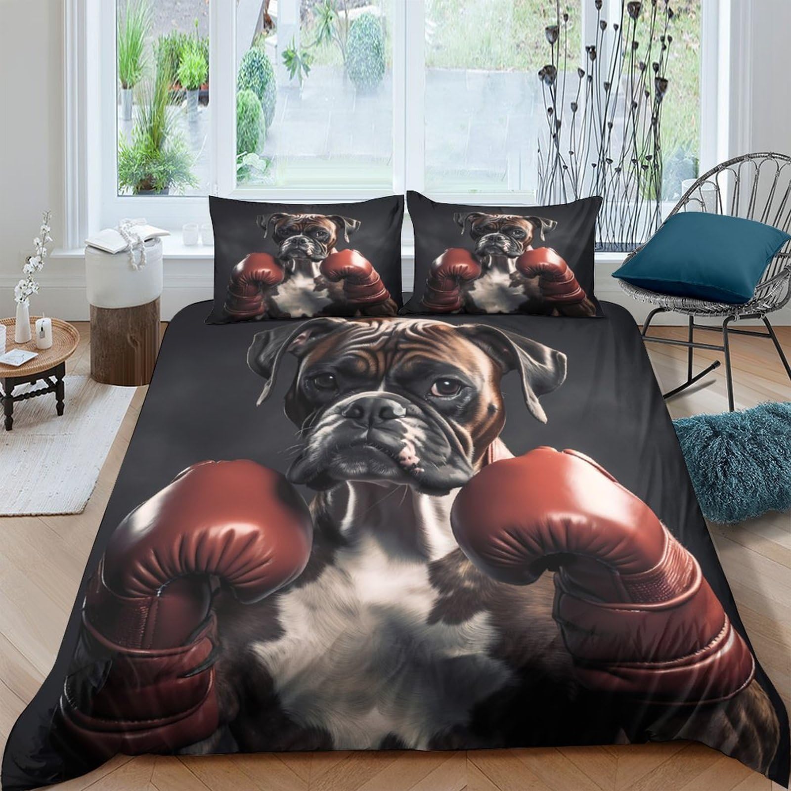 Ctjqhvkz Style-6 3D Printed Boxer Dog Fitted Sheet Microfiber Soft Black Red Boxing Gloves Bed Cover For Bedroom Guest Room Dorm Decor Single（135X200cm）