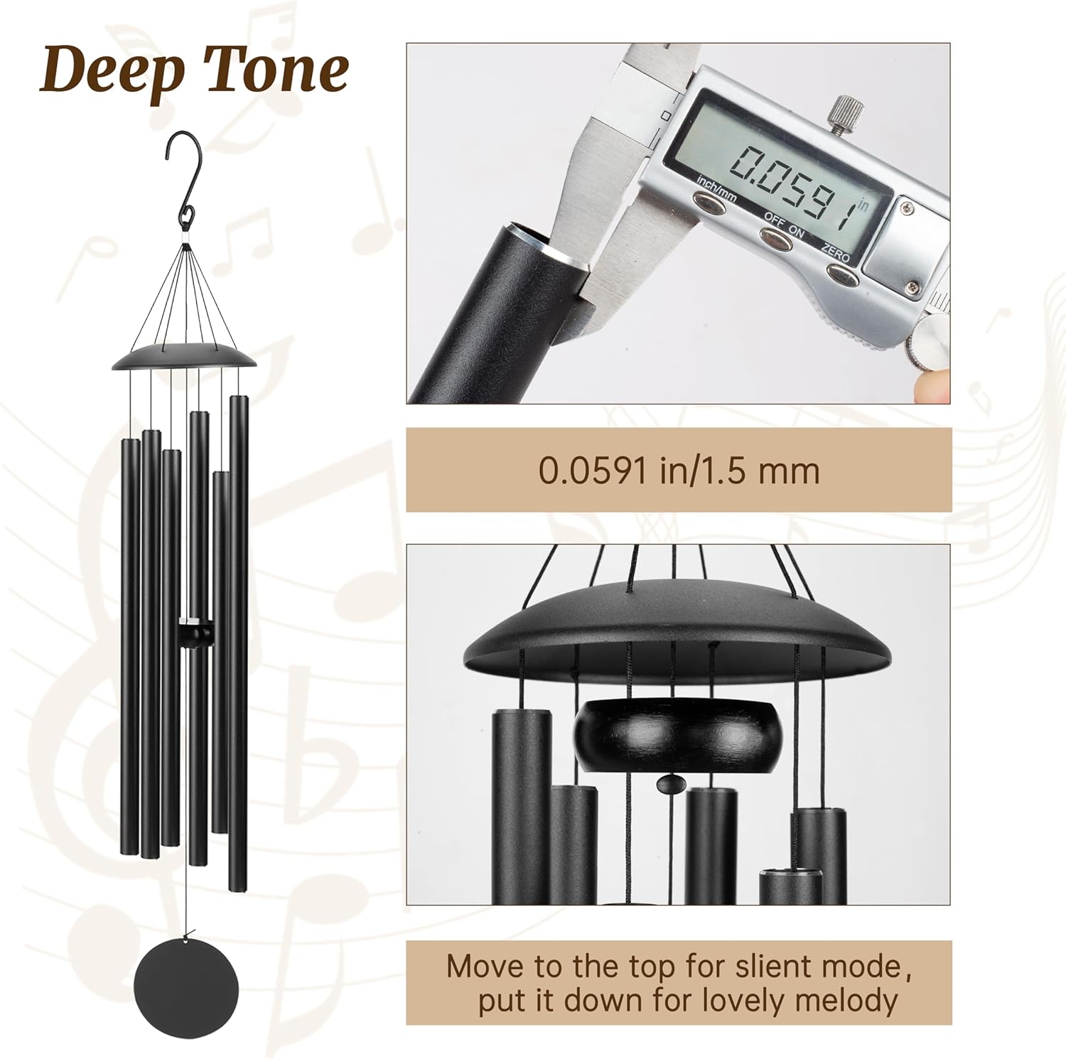 38" Large Aluminium Wind Chimes with Deep Tone Sound, Coolest Metal Windchimes Outdoors with Pine Wood Striker, Unique Gift for Mom, Garden Decoration(Black, Thick) - Image 6