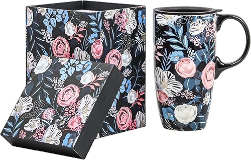 Miniatura 17 de Taza de café de viaje de cerámica con tapa para el hogar y la oficina, taza de té alta de porcelana de 17 onzas con mango de arte floral en caja