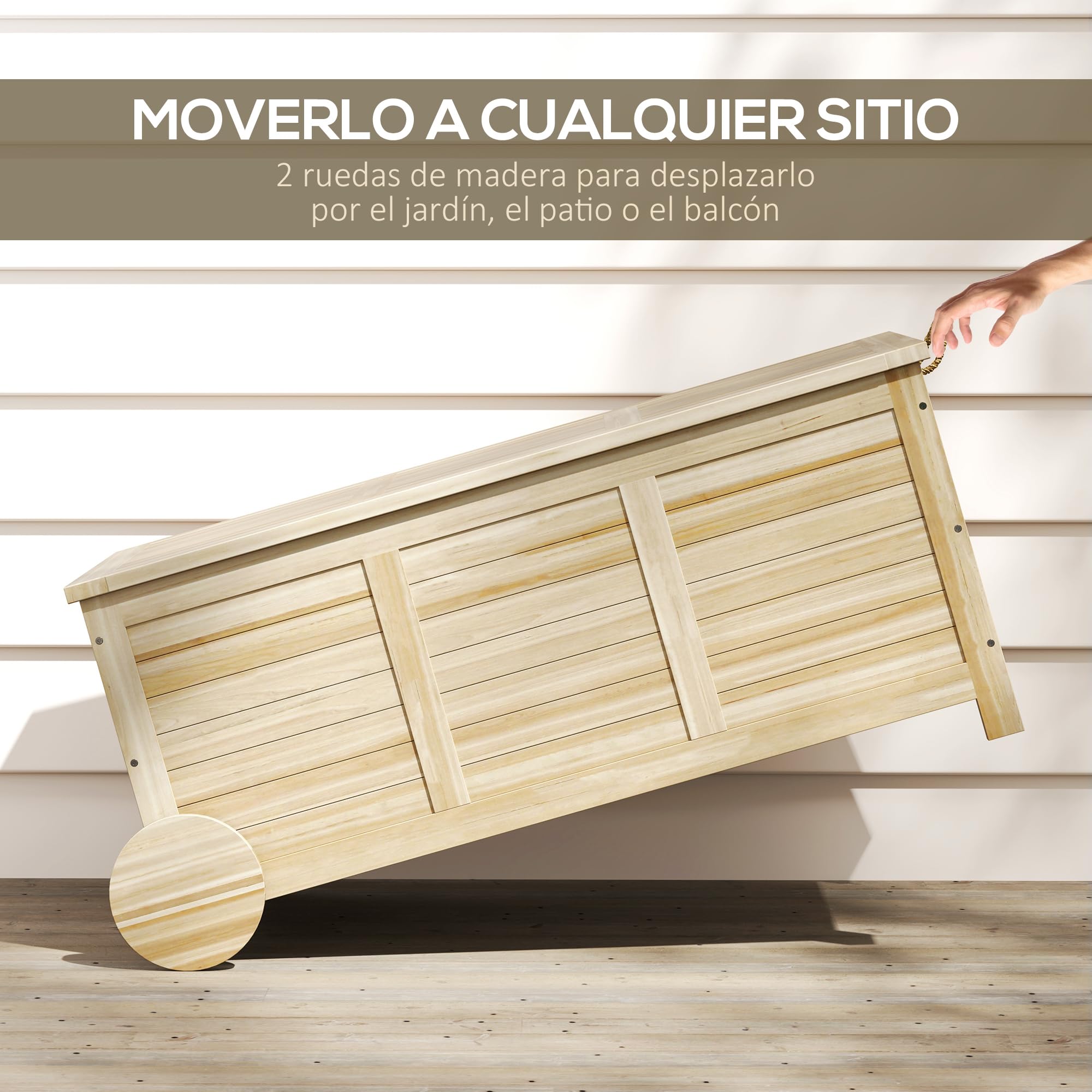 Outsunny Baúl de Almacenaje Exterior 185L, Arcón de Jardín de Madera con Tapa Abatible, 2 Ruedas, Bisagras Metálicas, Cuerdas de Lino y Forro Interior, 110x50x50 cm, Natural