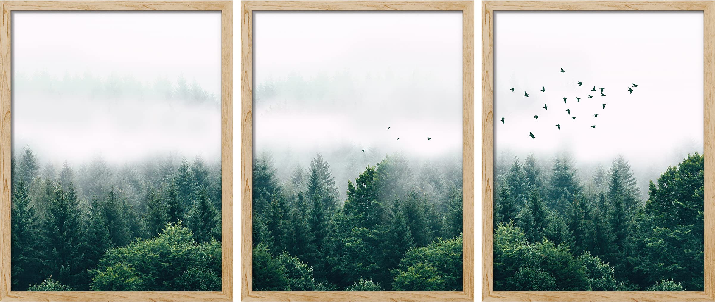 SIGNWIN Framed Green Pine Tree Wall Art, Set of 3 Misty Sky Emerald Forest Landscape Wall Decor Prints, Nature Wilderness Wall Décor for Living Room,