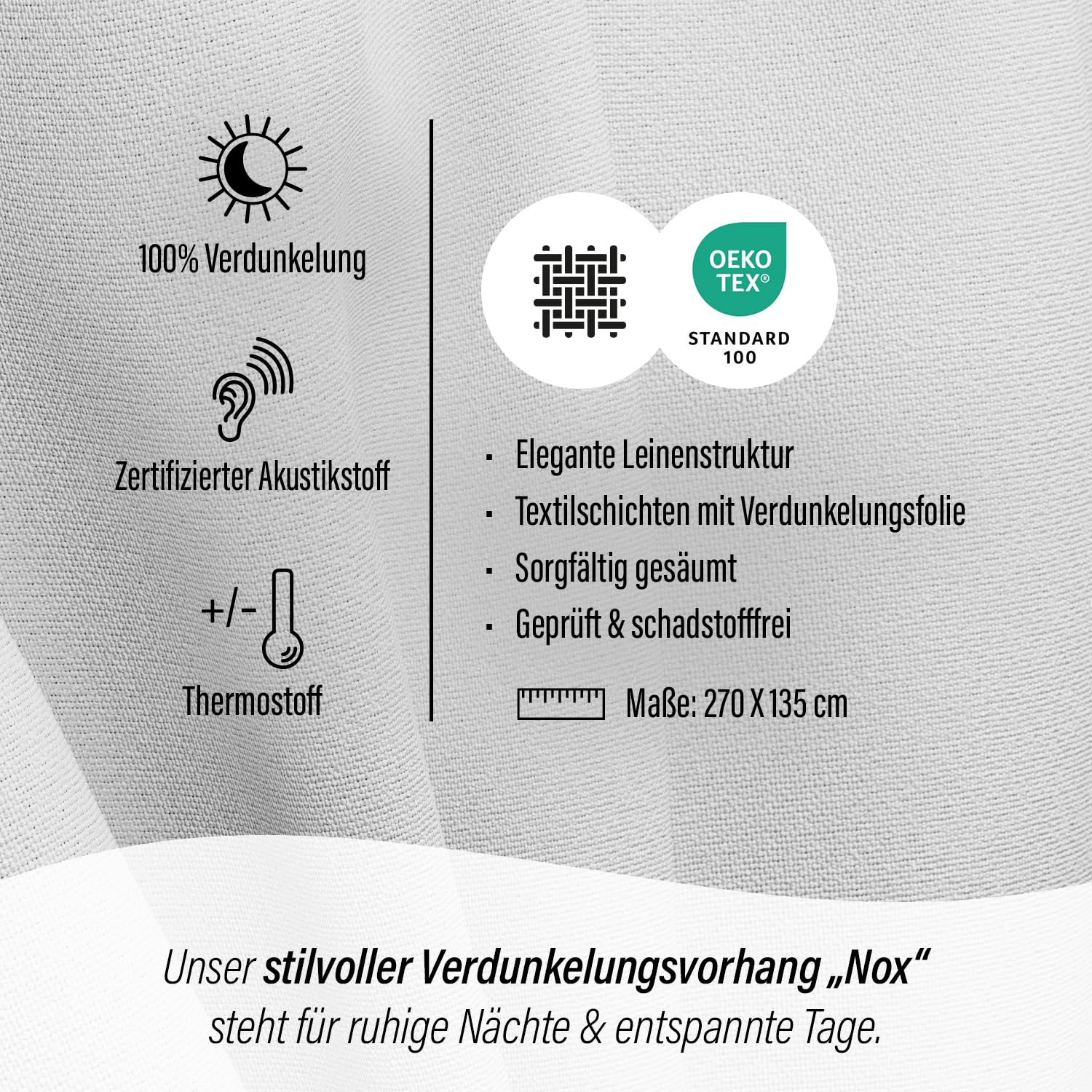 Homing Vorhang Nox Weiß | Verdunkelungsvorhang mit Multifunktions-& Bügelband | Thermovorhang Hitzeschutz | Akustikvorhang Schalldämmung | Vorhang Blickdicht | Blackout Curtain | 135x270 cm | 1 STK.