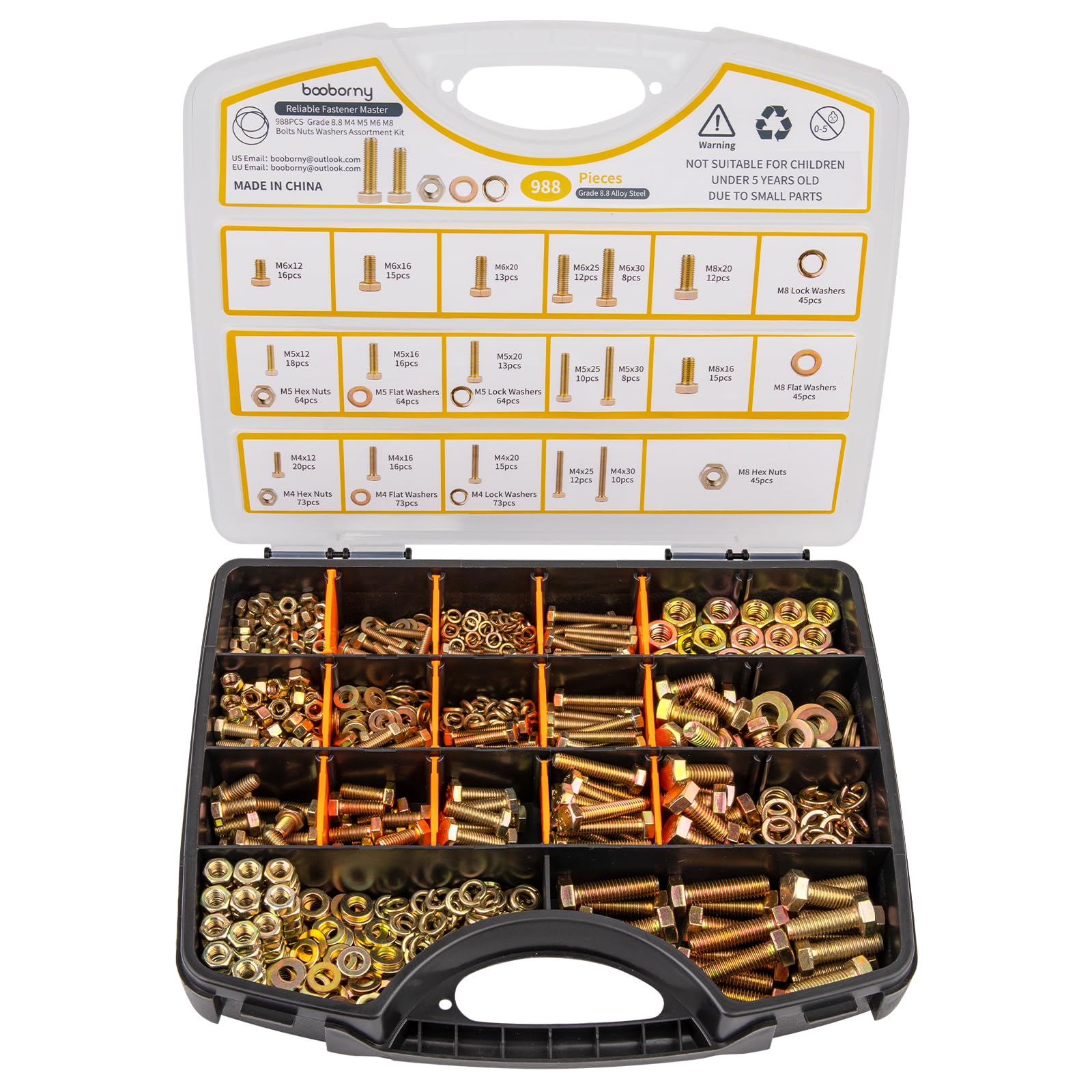 BOOBORNY 988pcs Grade 8.8 Metric Bolt Assortment, M4 M5 M6 M8 Heavy Duty Bolts and Nuts Kit, Yellow Zinc Plated, Length from 12-30mm