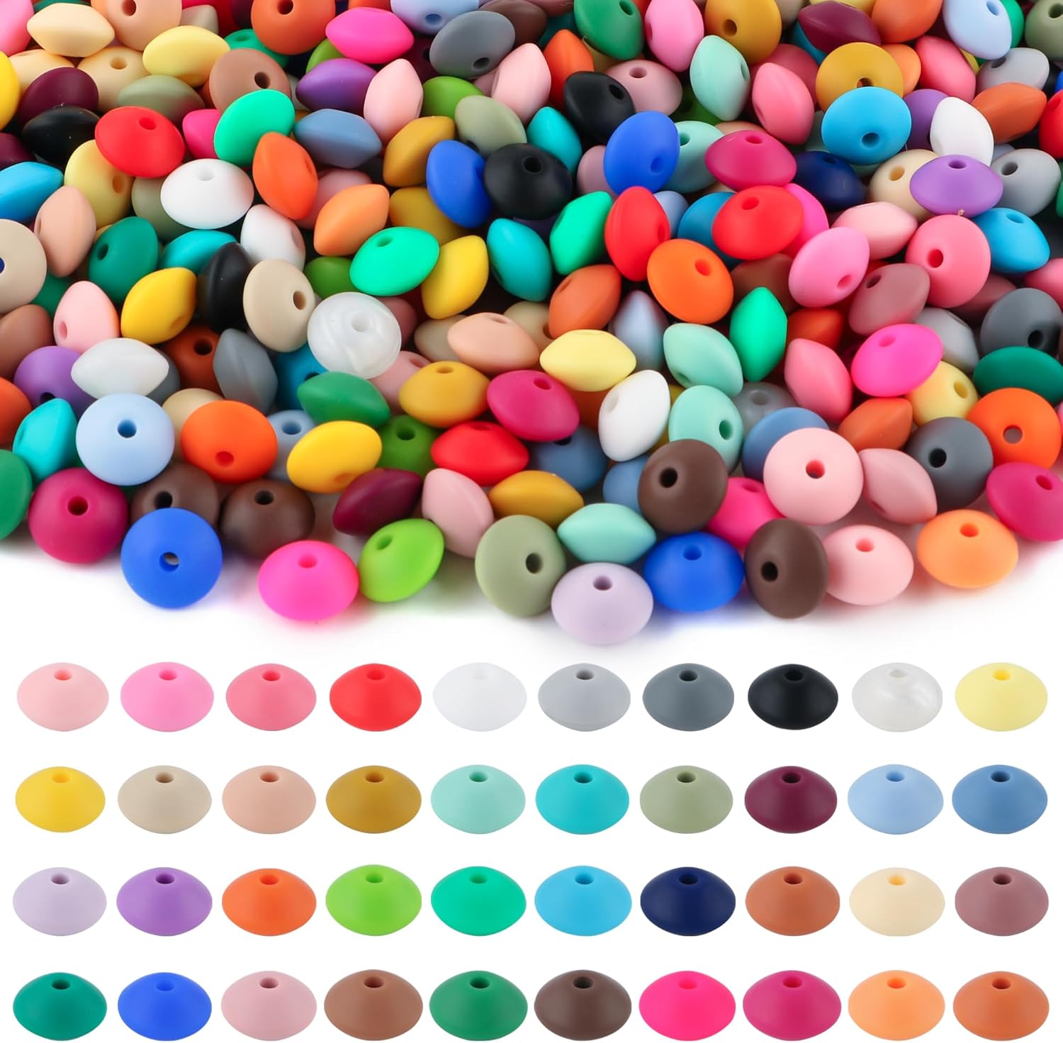 Sunrony 200Pcs Silicone Lentil Beads for Keychain Making,Bulk Mixed Color 12mm Silicone Abacus Spacer Beads for Necklace Bracelet Making Pens(Multicolor)
