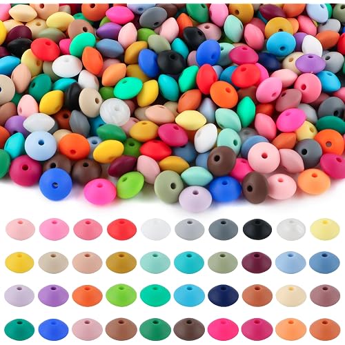 Sunrony 200Pcs Silicone Lentil Beads for Keychain Making,Bulk Mixed Color 12mm Silicone Abacus Spacer Beads for Necklace Bracelet Making Pens(Multicolor)