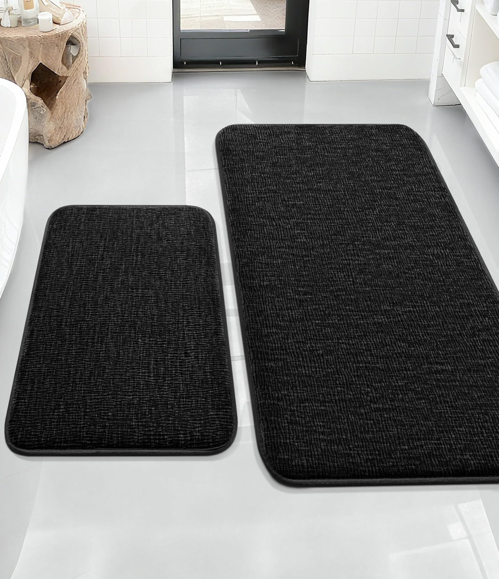 YIHOUSE Bathroom Rug Set 2 Piece, Memory Foam Black Bath Mat Set Non-Slip Quick Dry Bath Mats for Bathrooom, Super Absorbent Washable Bath Rug for