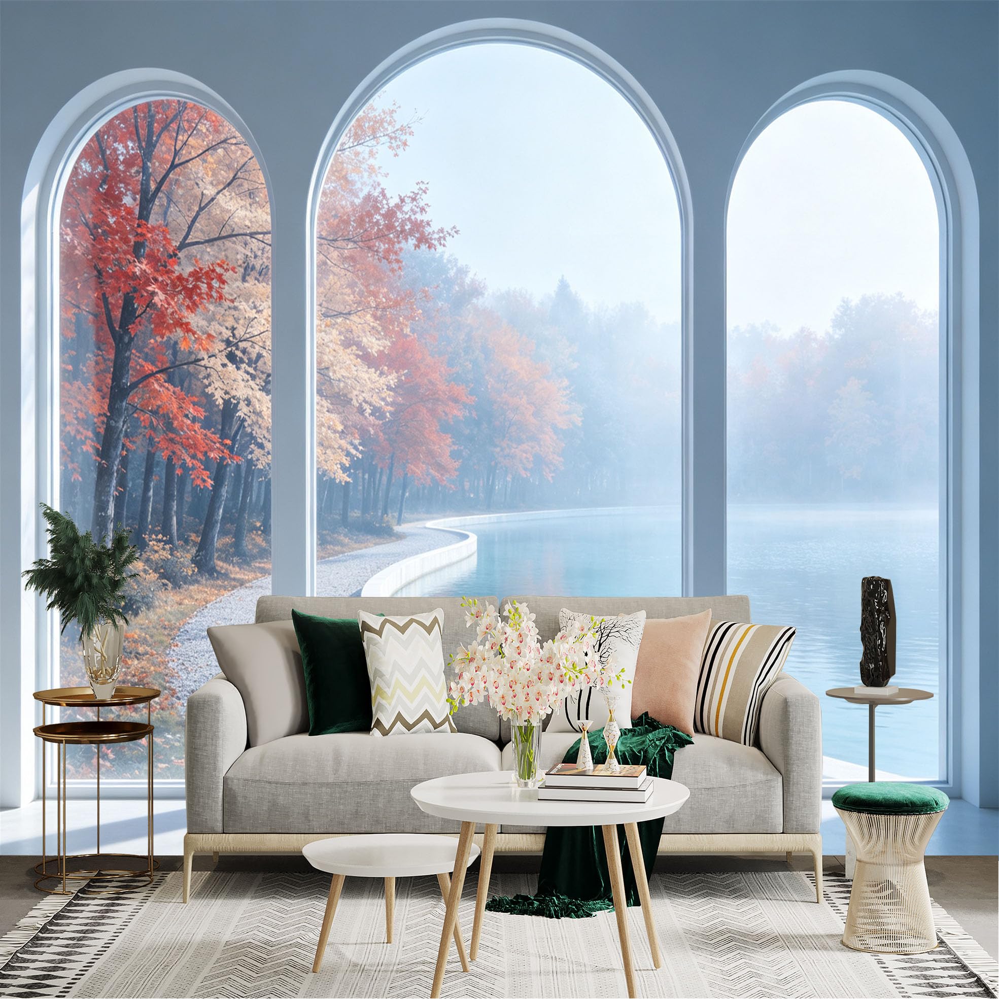 Custom Size Wall Sticker Mural， Arch Window View， Autumn Forest by a Tranquil Lake， Foggy Morning Landscape， Serene Nature Scenery， for wall Decoration， peelandstick wall Decals.
