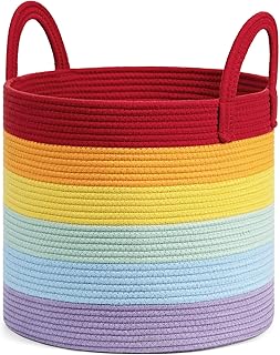 Goodpick Rainbow Laundry Basket, Baby Nursery Hamper, Decorative Storage Basket for Kids, Woven Cotton Rope Basket, Tall Basket with Handles, Colorful Gift Basket, 15 x 14 Inches
