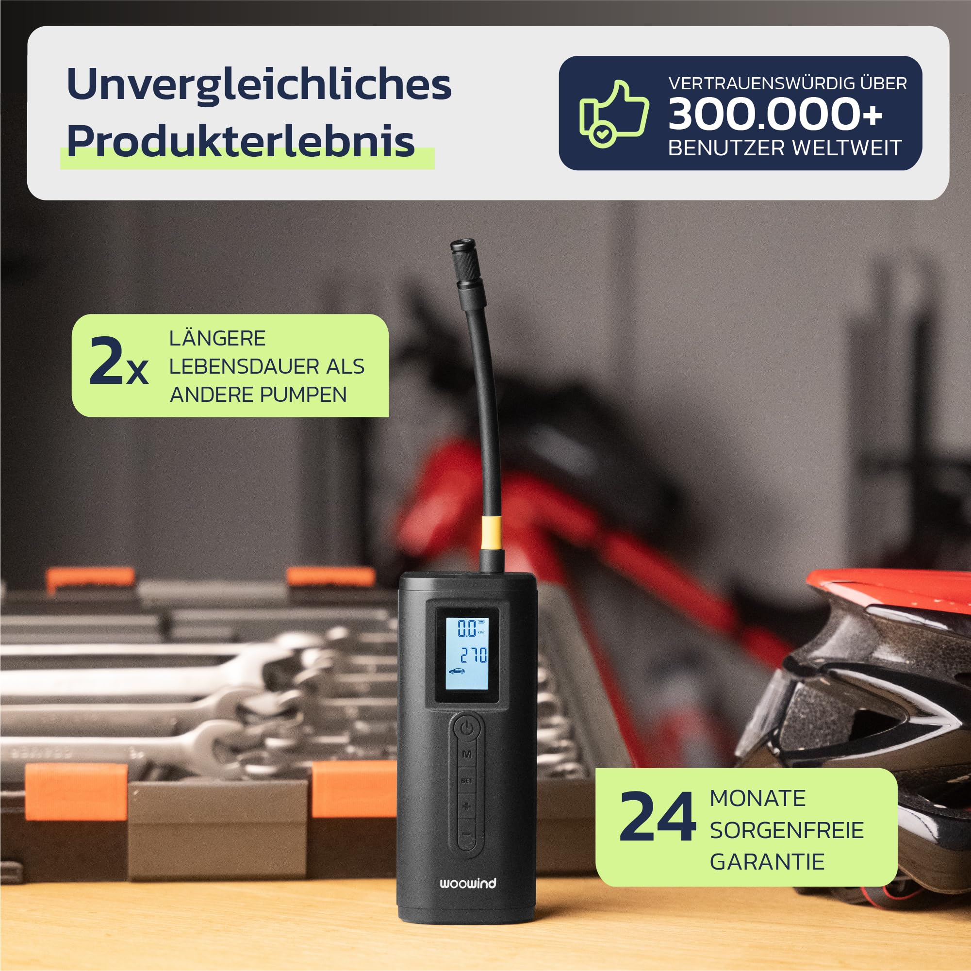 Woowind Akku Kompressor mit Powerbank, Auto Fahrrad Motorrad Bälle | Fahrradpumpe Elektrisch, Akku Kompressor, 2-Minuten-Aufpumpen, LCD-Display, LED-Licht