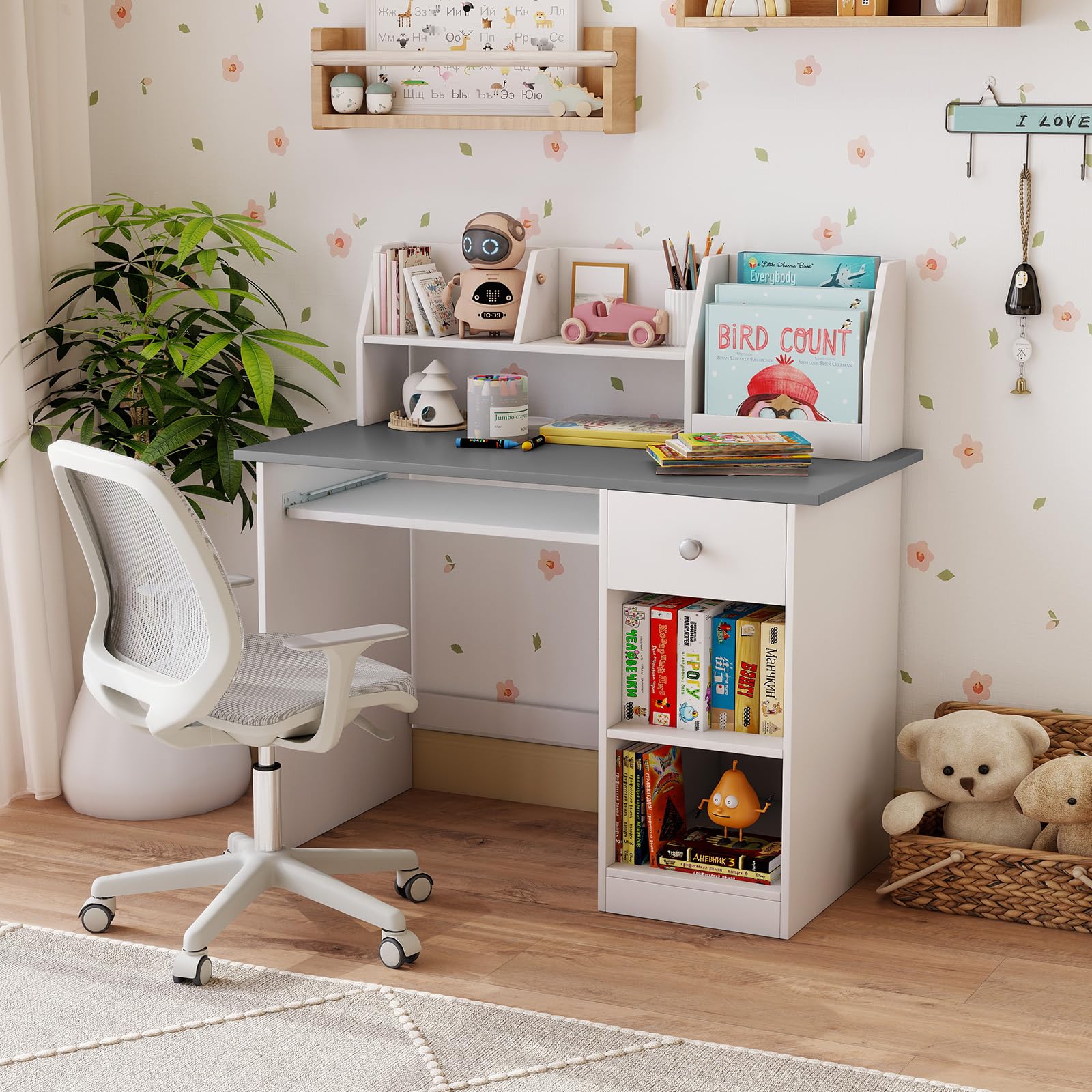 DREAMADE Schreibtisch Kinder mit Bücherregal & Schublade & Ablage & Tastaturablage, Jugendschreibtisch Schülerschreibtisch, Kinderschreibtisch aus Holz für Jungen und Mädchen, 90x45x90cm (Grau)