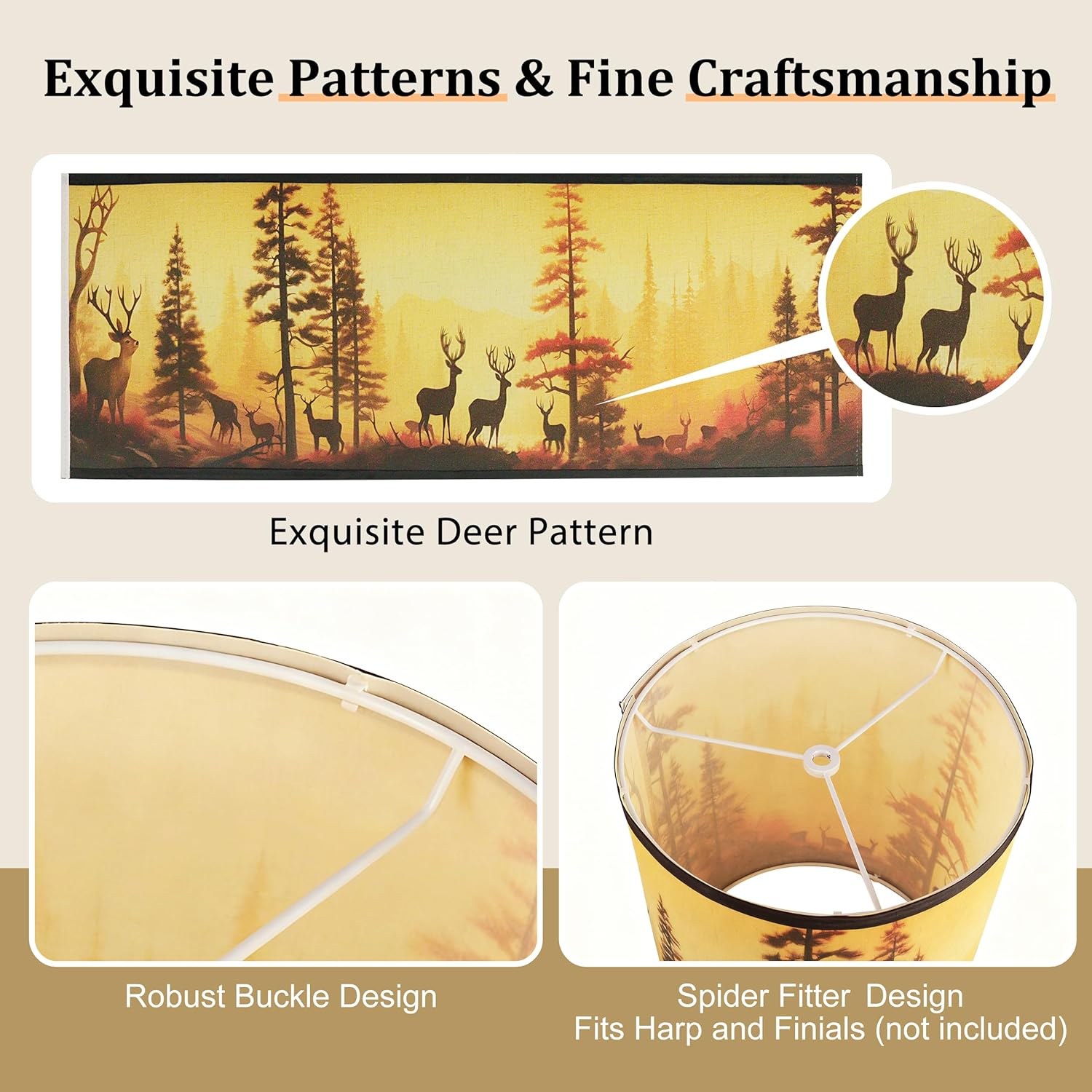 Rustic Deer Printed Tall Drum Lamp Shades Set of 2. 10" x 10" x 11.8" Brown Tall Drum Lampshades for Cabin Lodge Decoration. Spider Fitter Lampshades for Table & Floor Lamp Replacement. Easy Assembly