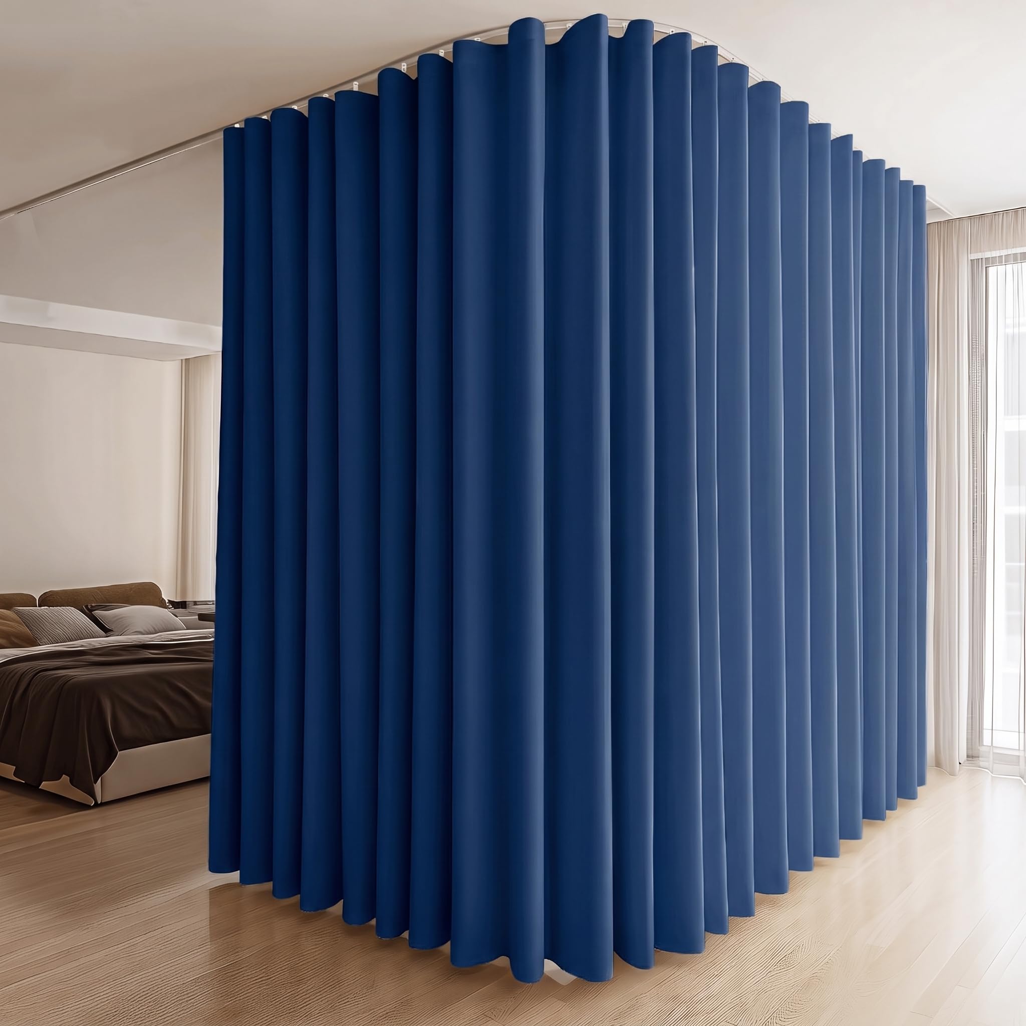 MaKefeile Room Divider Curtains &amp; Flexible Bendable Tracks Set,Privacy Dividers Ceiling Track Window Blackout Curtains for Living Room Bedroom (W180 × H84 in 1 Panel Navy Blue Drape &amp; White Rail)