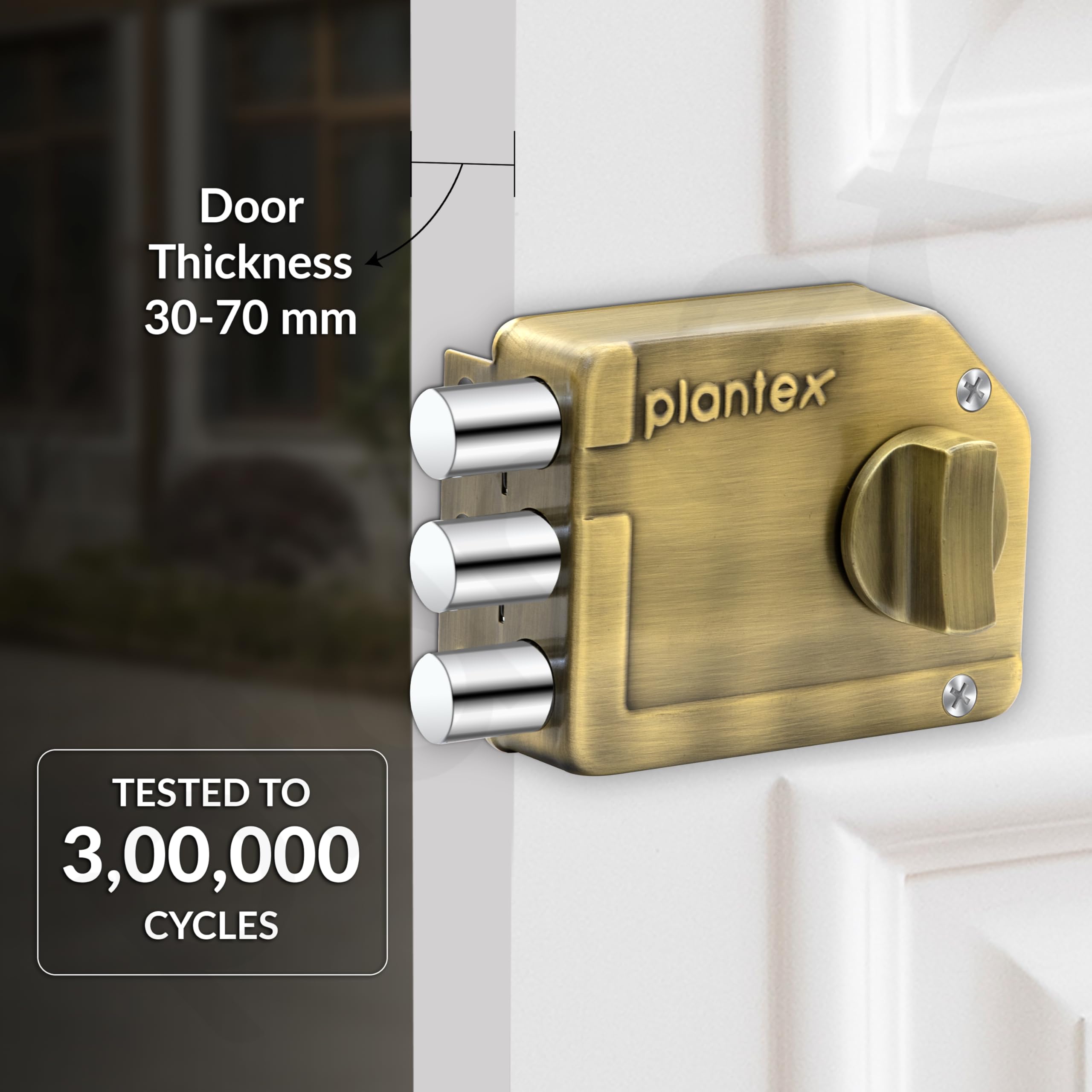 Plantex Tri-Bolt Lock for Main Door/Heavy Duty Door Lock with 4 Keys/Suitable on Single Door for Home/Office/Hotel - Pack of 1 (Brass Antique) — Amazon image 2