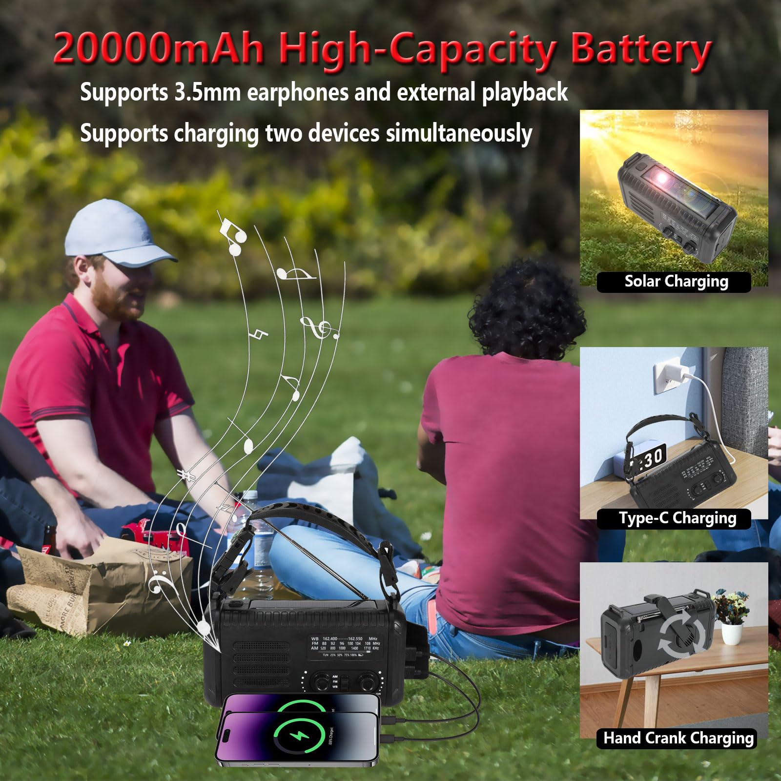 Radio di emergenza a manovella da 20000 mAh/74000 mWh, radio meteorologica AM/FM/NOAA, radio solare alimentata a batteria con caricabatterie per telefono USB, lampada da lettura torcia e SOS per
