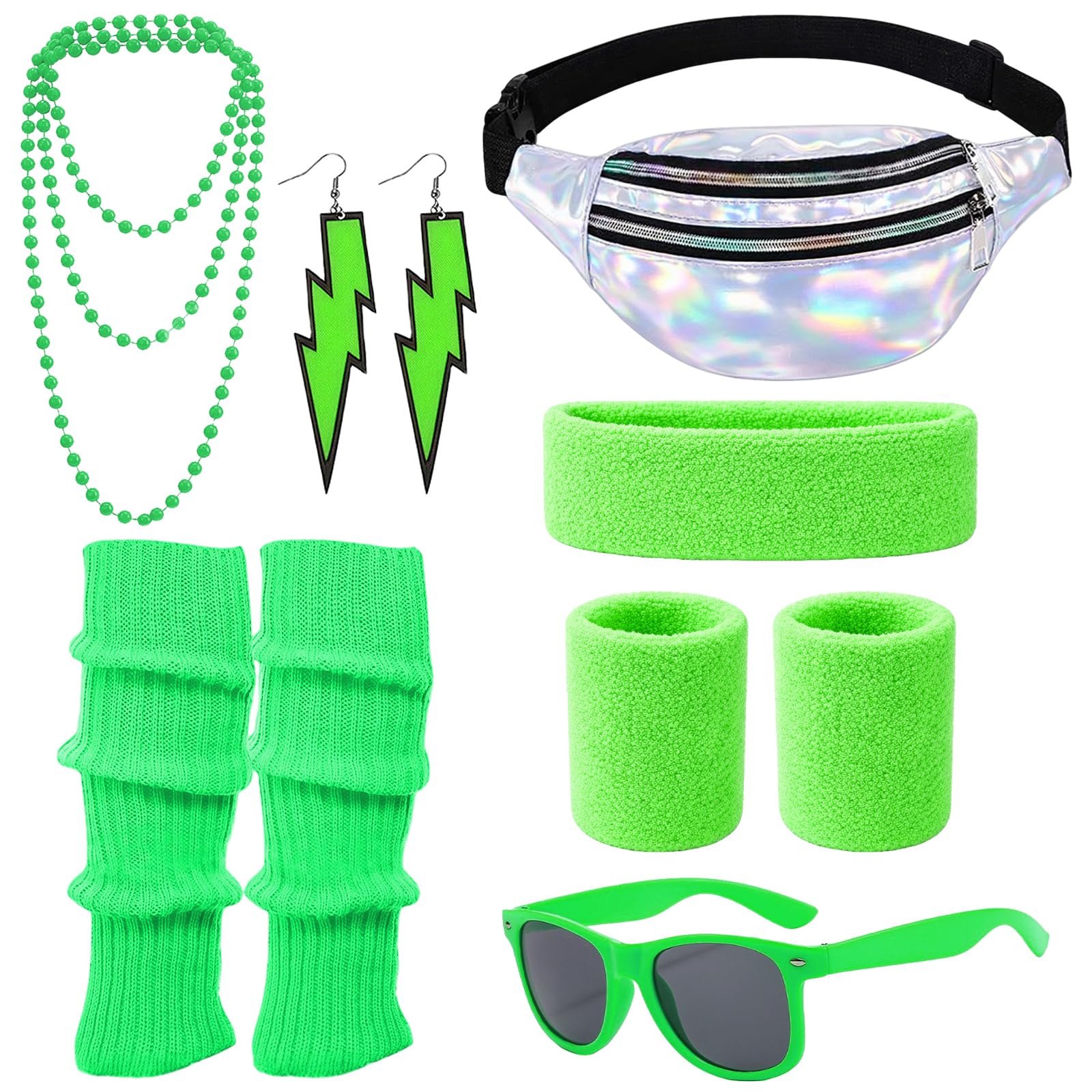 80s Outfit Women's Retro Costume Clothing Accessories 80s 90s Clothing Costume Accessories Headband,Bracelets,Leg Warmers,Earrings,Belt Bag and Glasses for Carnival Neon Party (7, Green, One Size)