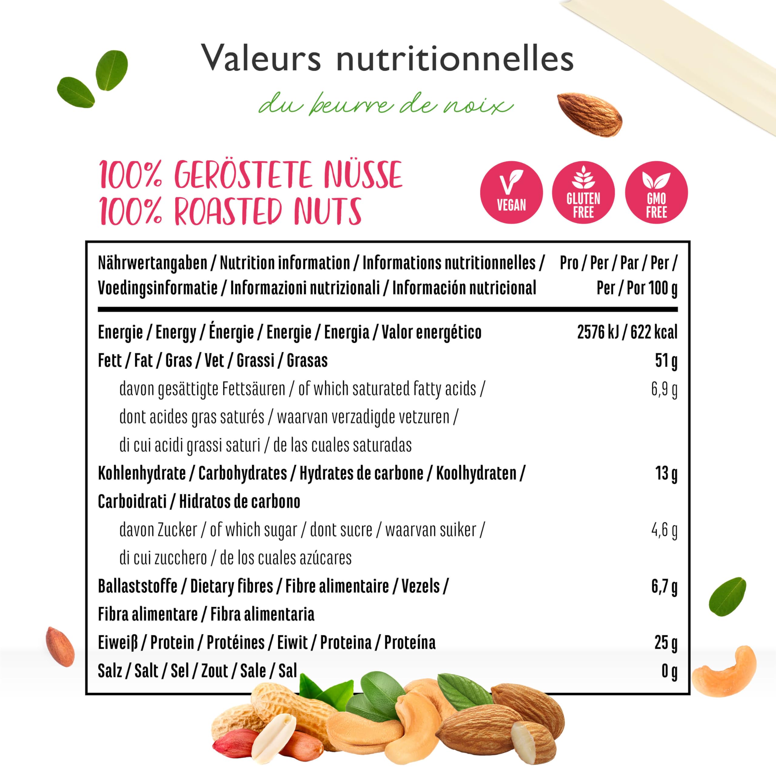 Beurre de Noix Lisse (Cacahuètes, Cajou, Amandes) - 1kg - Riche en Protéines - Sans Sel, Huile ni Graisse de Palme Ajoutés - Vegan - 2