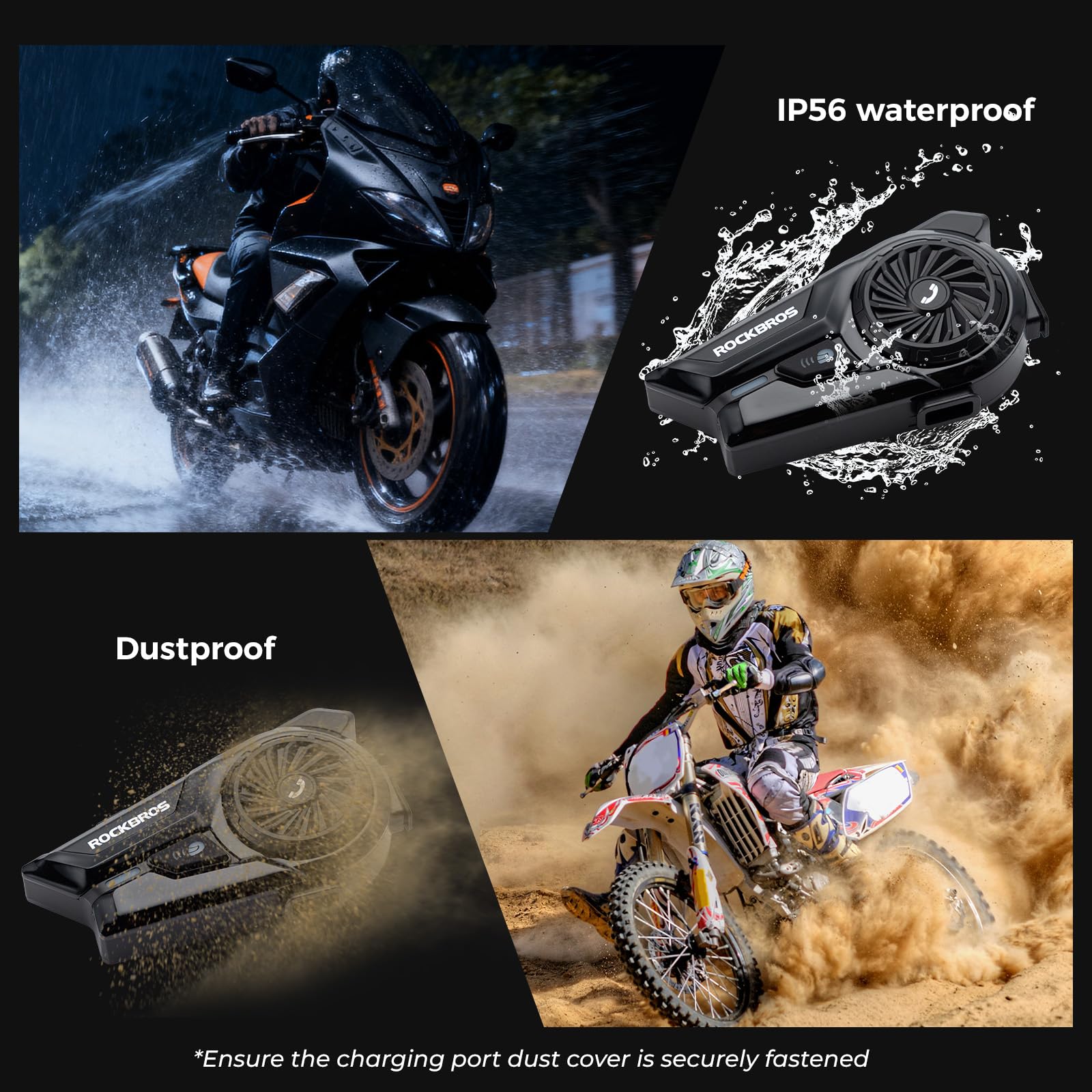 ROCKBROS Intercomunicador para Casco Moto Bluetooth, Auriculares con Sistema de Comunicación de 300 m, Llamadas Manos Libres, Asistente de Voz, Altavoces HD, IP56 Impermeable