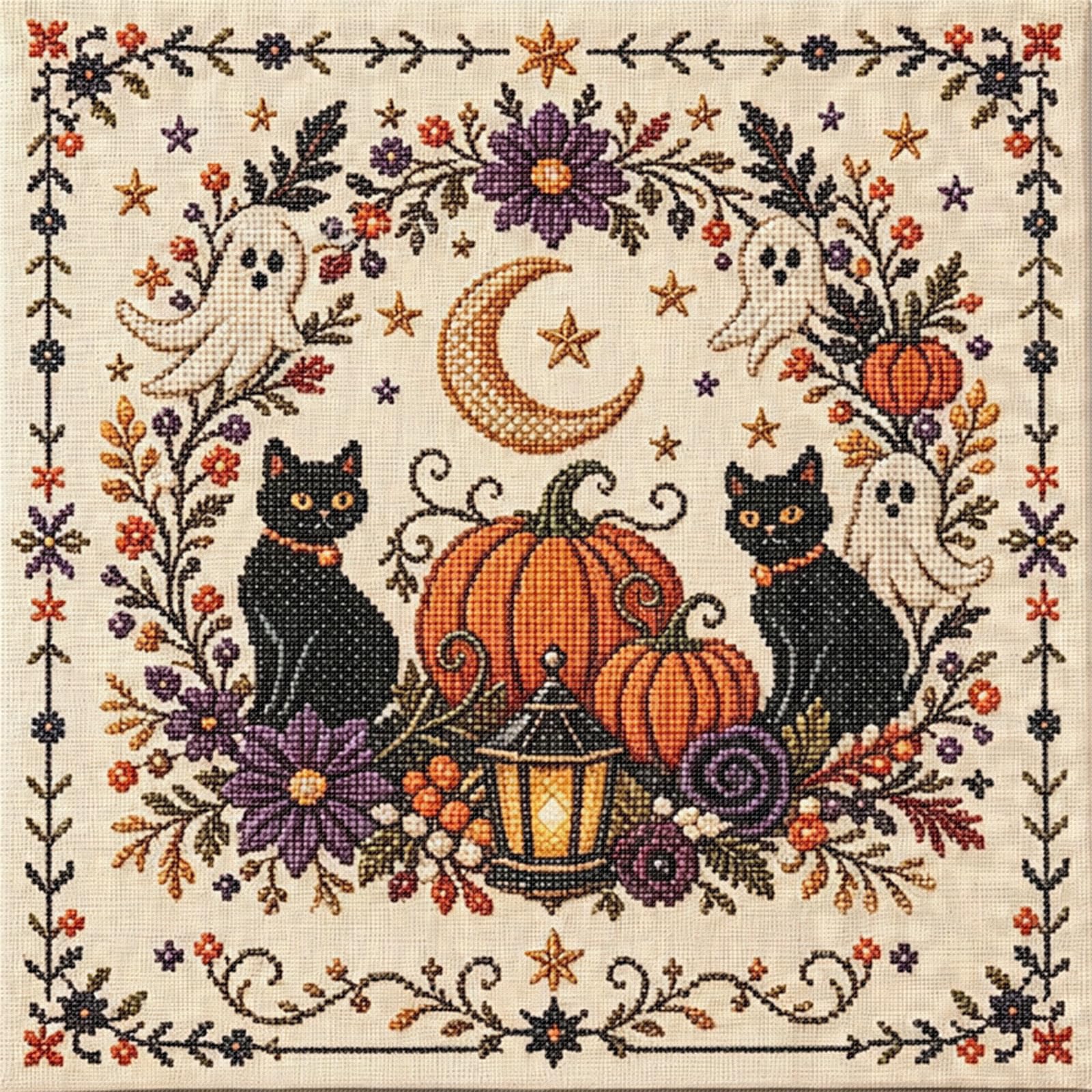 Black Cat Pumpkin 18CT 2 Strands DIY Stamped Cross Stitch Kit 30x30cm