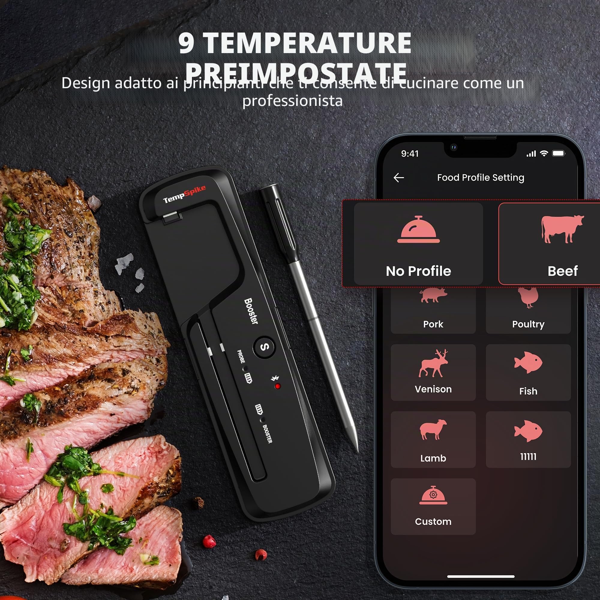 ThermoPro TempPro TP961 Termometro Barbecue Carne Wireless 150m Bluetooth da Cucina per Forno Grill Affumicatore Girarrosto Airfryer Sicuro in Lavastoviglie con Sonda Inossidabile IP67