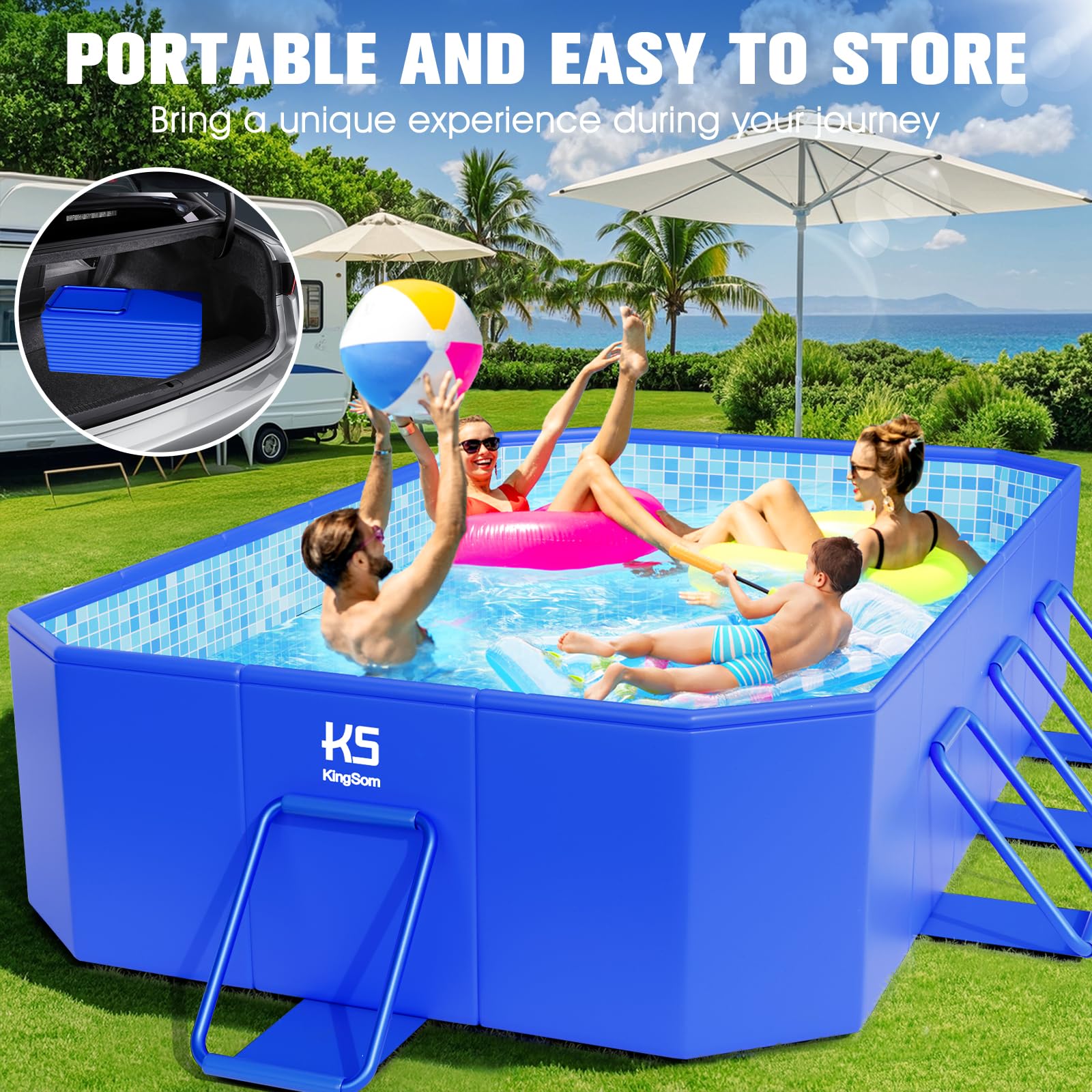 KingSom Rectangular Frame Pool,Faltbarer Schwimmbecken, Aufstellpool Rechteckig Groß,Überdimensionale Verdickung, Gartenpool,Schnelle Installation Swimmingpool Schwimmbad für Garten, 300 x 185 x 51 cm