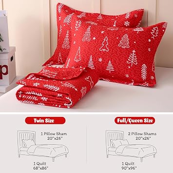 JSD 2 Pcs Kids Christmas Quilt Set Twin Size, Red Christmas Tree Bedding, Soft Microfiber Bedspread Coverlet Holiday Quilted Blanket
