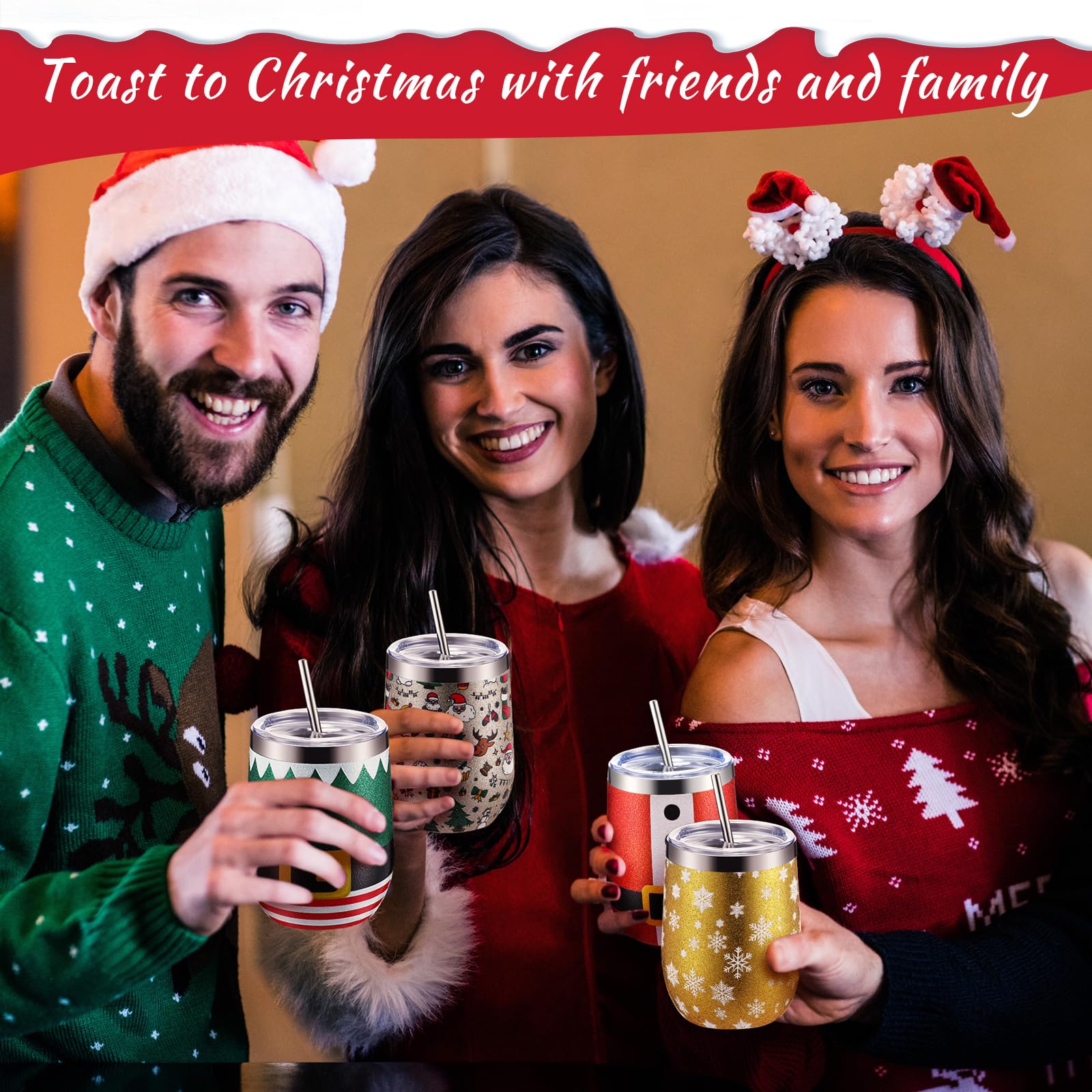 Sliner 4 Stück Weihnachts-Glitzer-Weingläser, 340 ml, Edelstahl, Glitzerbecher mit Deckel, Strohhalm und Bürste, isoliert, doppelwandig, Reisebecher für Weihnachten, Geschenk, Freunde, Familie