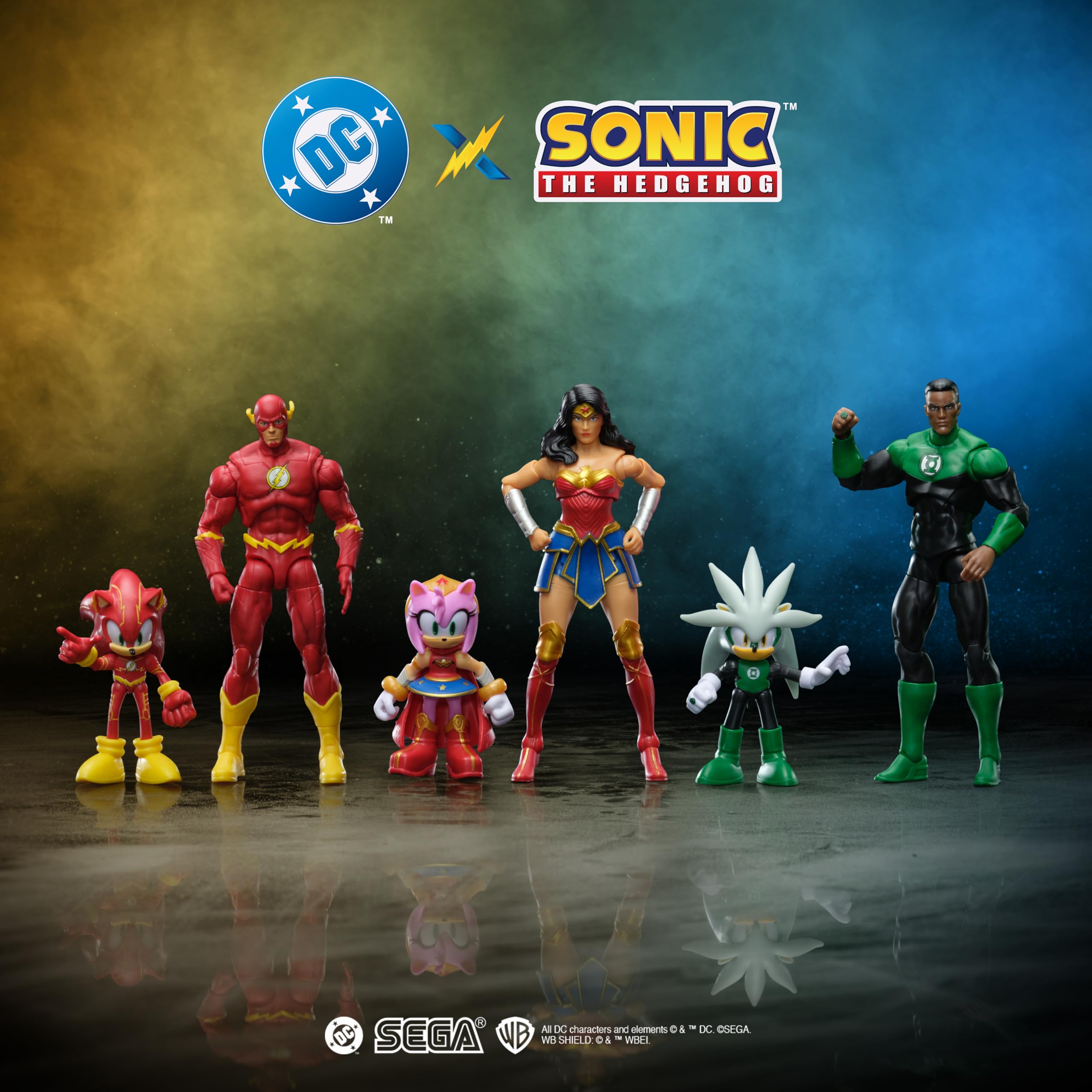 Zestaw figurek akcji DC x Sonic the Hedgehog i Flash, oficjalna licencja Jakks Pacific, zawiera klasyczne figurki akcji o wymiarach 2,5" i 5", przedmioty kolekcjonerskie Sonic x DC